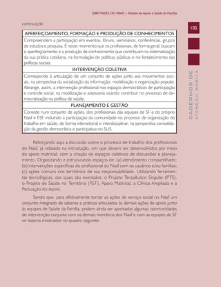 DIRETRIZES DO NASF – Núcleo de Apoio a Saúde da Família


continuação
                                                                                                     105
 APERFEIÇOAMENTO, FORMAÇÃO E PRODUÇÃO DE CONHECIMENTOS
Compreendem a participação em eventos, fóruns, seminários, conferências, grupos
de estudos e pesquisa. É nesse momento que os profissionais, de forma geral, buscam
o aperfeiçoamento e a produção de conhecimento que contribuam na sistematização
da sua prática cotidiana, na formulação de políticas públicas e no fortalecimento das
políticas sociais.
                             INTERVENÇÃO COLETIVA




                                                                                                               ATENÇÃO BÁSICA
                                                                                                 CADERNOS DE
Corresponde à articulação de um conjunto de ações junto aos movimentos soci-
ais, na perspectiva da socialização da informação, mobilização e organização popular.
Abrange, assim, a intervenção profissional nos espaços democráticos de participação
e controle social, na mobilização e assessoria visando contribuir no processo de de-
mocratização na política de saúde.
                            PLANEJAMENTO E GESTÃO
Consiste num conjunto de ações, dos profissionais das equipes de SF e do próprio
Nasf e ESF, incluindo a participação da comunidade no processo de organização do
trabalho em saúde, de forma intersetorial e interdisciplinar, na perspectiva consolida-
ção da gestão democrática e participativa no SUS.

       Reforçando aqui a discussão sobre o processo de trabalho dos profissionais
do Nasf, já relatado na introdução, em que devem ser desenvolvidos por meio
do apoio matricial, com a criação de espaços coletivos de discussões e planeja-
mento. Organizando e estruturando espaços de: (a) atendimento compartilhado;
(b) intervenções específicas do profissional do Nasf com os usuários e/ou famílias;
(c) ações comuns nos territórios de sua responsabilidade. Utilizando ferramen-
tas tecnológicas, das quais são exemplos: o Projeto Terapêutico Singular (PTS),
o Projeto de Saúde no Território (PST), Apoio Matricial, a Clínica Ampliada e a
Pactuação do Apoio.
      Sendo que, para efetivamente tornar as ações de serviço social no Nasf um
conjunto integrado de saberes e práticas articuladas às demais ações de apoio junto
às equipes de Saúde da Família, podem ainda ser apontadas algumas oportunidades
de intervenção conjunta com os demais membros dos Nasf e com as equipes de SF
os tópicos mostrados no quadro seguinte:
 