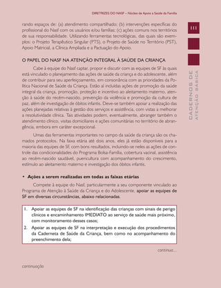 DIRETRIZES DO NASF – Núcleo de Apoio a Saúde da Família


rando espaços de: (a) atendimento compartilhado; (b) intervenções específicas do
profissional do Nasf com os usuários e/ou famílias; (c) ações comuns nos territórios                111
de sua responsabilidade. Utilizando ferramentas tecnológicas, das quais são exem-
plos: o Projeto Terapêutico Singular (PTS), o Projeto de Saúde no Território (PST),
Apoio Matricial, a Clínica Ampliada e a Pactuação do Apoio.

O PAPEL DO NASF NA ATENÇÃO INTEGRAL À SAÚDE DA CRIANÇA
       Cabe à equipe do Nasf captar, propor e discutir com as equipes de SF às quais




                                                                                                              ATENÇÃO BÁSICA
                                                                                                CADERNOS DE
está vinculado o planejamento das ações de saúde da criança e do adolescente, além
de contribuir para seu aperfeiçoamento, em consonância com as prioridades da Po-
lítica Nacional de Saúde da Criança. Estão aí incluídas ações de promoção da saúde
integral da criança, promoção, proteção e incentivo ao aleitamento materno, aten-
ção à saúde do recém-nascido, prevenção da violência e promoção da cultura de
paz, além de investigação de óbitos infantis. Deve-se também apoiar a realização das
ações planejadas relativas à gestão dos serviços e assistência, com vistas a melhorar
a resolutividade clínica. Tais atividades podem, eventualmente, abranger também o
atendimento clínico, visitas domiciliares e ações comunitárias no território de abran-
gência, embora em caráter excepcional.
      Umas das ferramentas importantes no campo da saúde da criança são os cha-
mados protocolos. Na faixa etária até dois anos, eles já estão disponíveis para a
maioria das equipes de SF, com bons resultados, incluindo-se neles as ações de con-
trole das condicionalidades do Programa Bolsa-Família, cobertura vacinal, assistência
ao recém-nascido saudável, puericultura com acompanhamento do crescimento,
estímulo ao aleitamento materno e investigação dos óbitos infantis.

• Ações a serem realizadas em todas as faixas etárias
     Compete à equipe do Nasf, particularmente a seu componente vinculado ao
Programa de Atenção à Saúde da Criança e do Adolescente, apoiar as equipes de
SF em diversas circunstâncias, abaixo relacionadas.

1. Apoiar as equipes de SF na identificação das crianças com sinais de perigo
   clínicos e encaminhamento IMEDIATO ao serviço de saúde mais próximo,
   com	monitoramento	desses	casos;	
2. Apoiar as equipes de SF na interpretação e execução dos procedimentos
   da Caderneta de Saúde da Criança, bem como no acompanhamento do
   preenchimento	dela;

                                                                                continua...


continuação
 