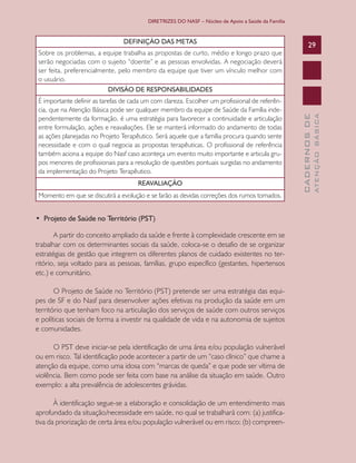 DIRETRIZES DO NASF – Núcleo de Apoio a Saúde da Família


                                 DEFINIÇÃO DAS METAS
                                                                                                          29
 Sobre os problemas, a equipe trabalha as propostas de curto, médio e longo prazo que
 serão negociadas com o sujeito “doente” e as pessoas envolvidas. A negociação deverá
 ser feita, preferencialmente, pelo membro da equipe que tiver um vínculo melhor com
 o usuário.
                           DIVISÃO DE RESPONSABILIDADES
 É importante definir as tarefas de cada um com clareza. Escolher um profissional de referên-
 cia, que na Atenção Básica pode ser qualquer membro da equipe de Saúde da Família inde-




                                                                                                                  ATENÇÃO BÁSICA
                                                                                                    CADERNOS DE
 pendentemente da formação, é uma estratégia para favorecer a continuidade e articulação
 entre formulação, ações e reavaliações. Ele se manterá informado do andamento de todas
 as ações planejadas no Projeto Terapêutico. Será aquele que a família procura quando sente
 necessidade e com o qual negocia as propostas terapêuticas. O profissional de referência
 também aciona a equipe do Nasf caso aconteça um evento muito importante e articula gru-
 pos menores de profissionais para a resolução de questões pontuais surgidas no andamento
 da implementação do Projeto Terapêutico.
                                      REAVALIAÇÃO
 Momento em que se discutirá a evolução e se farão as devidas correções dos rumos tomados.


•		Projeto	de	Saúde	no	Território	(PST)

       A partir do conceito ampliado da saúde e frente à complexidade crescente em se
trabalhar com os determinantes sociais da saúde, coloca-se o desafio de se organizar
estratégias de gestão que integrem os diferentes planos de cuidado existentes no ter-
ritório, seja voltado para as pessoas, famílias, grupo específico (gestantes, hipertensos
etc.) e comunitário.

       O Projeto de Saúde no Território (PST) pretende ser uma estratégia das equi-
pes de SF e do Nasf para desenvolver ações efetivas na produção da saúde em um
território que tenham foco na articulação dos serviços de saúde com outros serviços
e políticas sociais de forma a investir na qualidade de vida e na autonomia de sujeitos
e comunidades.

      O PST deve iniciar-se pela identificação de uma área e/ou população vulnerável
ou em risco. Tal identificação pode acontecer a partir de um “caso clínico” que chame a
atenção da equipe, como uma idosa com “marcas de queda” e que pode ser vítima de
violência. Bem como pode ser feita com base na análise da situação em saúde. Outro
exemplo: a alta prevalência de adolescentes grávidas.

       À identificação segue-se a elaboração e consolidação de um entendimento mais
aprofundado da situação/necessidade em saúde, no qual se trabalhará com: (a) justifica-
tiva da priorização de certa área e/ou população vulnerável ou em risco; (b) compreen-
 