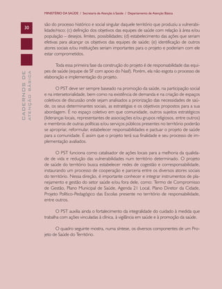 MINISTÉRIO DA SAÚDE / Secretaria de Atenção à Saúde / Departamento de Atenção Básica


                               são do processo histórico e social singular daquele território que produziu a vulnerabi-
      30
                               lidade/risco; (c) definição dos objetivos das equipes de saúde com relação à área e/ou
                               população – desejos, limites, possibilidades; (d) estabelecimento das ações que seriam
                               efetivas para alcançar os objetivos das equipes de saúde; (e) identificação de outros
                               atores sociais e/ou instituições seriam importantes para o projeto e poderiam com ele
                               estar comprometidos.

                                     Toda essa primeira fase da construção do projeto é de responsabilidade das equi-
                               pes de saúde (equipe de SF com apoio do Nasf). Porém, ela não esgota o processo de
              ATENÇÃO BÁSICA
CADERNOS DE




                               elaboração e implementação do projeto.

                                      O PST deve ser sempre baseado na promoção da saúde, na participação social
                               e na intersetorialidade, bem como na existência de demanda e na criação de espaços
                               coletivos de discussão onde sejam analisados a priorização das necessidades de saú-
                               de, os seus determinantes sociais, as estratégias e os objetivos propostos para a sua
                               abordagem. É no espaço coletivo em que comunidade, outros sujeitos estratégicos
                               (lideranças locais, representantes de associações e/ou grupos religiosos, entre outros)
                               e membros de outras políticas e/ou serviços públicos presentes no território poderão
                               se apropriar, reformular, estabelecer responsabilidades e pactuar o projeto de saúde
                               para a comunidade. É assim que o projeto terá sua finalidade e seu processo de im-
                               plementação avaliados.

                                     O PST funciona como catalisador de ações locais para a melhoria da qualida-
                               de de vida e redução das vulnerabilidades num território determinado. O projeto
                               de saúde do território busca estabelecer redes de cogestão e corresponsabilidade,
                               instaurando um processo de cooperação e parceria entre os diversos atores sociais
                               do território. Nessa direção, é importante conhecer e integrar instrumentos de pla-
                               nejamento e gestão do setor saúde e/ou fora dele, como: Termo de Compromisso
                               de Gestão, Plano Municipal de Saúde, Agenda 21 Local, Plano Diretor da Cidade,
                               Projeto Político-Pedagógico das Escolas presente no território de responsabilidade,
                               entre outros.

                                      O PST auxilia ainda o fortalecimento da integralidade do cuidado à medida que
                               trabalha com ações vinculadas à clínica, à vigilância em saúde e à promoção da saúde.

                                     O quadro seguinte mostra, numa síntese, os diversos componentes de um Pro-
                               jeto de Saúde do Território.
 