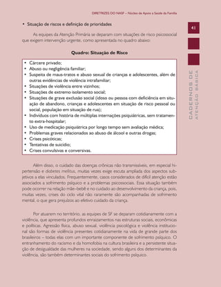DIRETRIZES DO NASF – Núcleo de Apoio a Saúde da Família


•		Situação	de	riscos	e	definição	de	prioridades	
                                                                                                        41
     As equipes da Atenção Primária se deparam com situações de risco psicossocial
que exigem intervenção urgente, como apresentada no quadro abaixo:

                            Quadro: Situação de Risco

 •	 Cárcere	privado;	
 •	 Abuso	ou	negligência	familiar;	




                                                                                                                ATENÇÃO BÁSICA
                                                                                                  CADERNOS DE
 •	 Suspeita	de	maus-tratos	e	abuso	sexual	de	crianças	e	adolescentes,	além	de	
    outras	evidências	de	violência	intrafamiliar;	
 •	 Situações	de	violência	entre	vizinhos;	
 •	 Situações	de	extremo	isolamento	social;	
 •	 Situações	de	grave	exclusão	social	(idoso	ou	pessoa	com	deficiência	em	situ-
    ação de abandono, crianças e adolescentes em situação de risco pessoal ou
    social,	população	em	situação	de	rua);
 •	 Indivíduos	com	história	de	múltiplas	internações	psiquiátricas,	sem	tratamen-
    to	extra-hospitalar;	
 •	 Uso	de	medicação	psiquiátrica	por	longo	tempo	sem	avaliação	médica;
 •	 Problemas	graves	relacionados	ao	abuso	de	álcool	e	outras	drogas;
 •	 Crises	psicóticas;
 •	 Tentativas	de	suicídio;
 •	 Crises	convulsivas	e	conversivas.


       Além disso, o cuidado das doenças crônicas não transmissíveis, em especial hi-
pertensão e diabetes mellitus, muitas vezes exige escuta ampliada dos aspectos sub-
jetivos a elas vinculados. Frequentemente, casos considerados de difícil atenção estão
associados a sofrimento psíquico e a problemas psicossociais. Essa situação também
pode ocorrer na relação mãe–bebê e no cuidado ao desenvolvimento da criança, pois,
muitas vezes, crises do ciclo vital não raramente são acompanhadas de sofrimento
mental, o que gera prejuízos ao efetivo cuidado da criança.

       Por atuarem no território, as equipes de SF se deparam cotidianamente com a
violência, que apresenta profundos enraizamentos nas estruturas sociais, econômicas
e políticas. Agressão física, abuso sexual, violência psicológica e violência institucio-
nal são formas de violência presentes cotidianamente na vida de grande parte dos
brasileiros – todas elas com um importante componente de sofrimento psíquico. O
entranhamento do racismo e da homofobia na cultura brasileira e a persistente situa-
ção de desigualdade das mulheres na sociedade, sendo alguns dos determinantes da
violência, são também determinantes sociais do sofrimento psíquico.
 