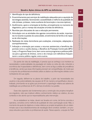 DIRETRIZES DO NASF – Núcleo de Apoio a Saúde da Família


               Quadro: Ações clínicas da APS nas deficiências
                                                                                                       61
1.	 Identificação	do	tipo	de	deficiência;	
2. Encaminhamentos para serviços de reabilitação adequados para a aquisição de
    tecnologias assistidas, favorecendo a acessibilidade e melhoria da qualidade de
    vida	(órteses,	próteses,	meios	auxiliares	de	locomoção	e	recursos	ópticos);
3. Acolhimento, apoio e orientação às famílias, principalmente no momento do
    diagnóstico,	para	o	manejo	das	situações	oriundas	da	deficiência;
4.	 Reuniões	para	discussões	de	caso	e	educação	permanente;




                                                                                                               ATENÇÃO BÁSICA
                                                                                                 CADERNOS DE
5. Articulação com as atividades dos agentes comunitários de saúde, importan-
    tes no tocante à questão do autocuidado, envolvimento da família e do repas-
    se	de	informações;
6. Realização de visitas domiciliares para avaliações, orientações, adaptações e
    acompanhamentos;
7. Indicação e orientação para acesso a recursos assistenciais e benefícios dis-
    poníveis como o auxílio-doença, o Benefício de Prestação Continuada (BPC/
    Loas), o Programa Passe-Livre, bem como outros programas e políticas públi-
    cas	para	a	garantia	de	direitos,	como	o	de	crianças	com	deficiência	frequen-
    tarem o ensino público regular, entre outros.

      Do ponto de vista da reabilitação, é preciso que se conheça e se monitore as
necessidades e potencialidades da população em todos os ciclos de vida, incluindo a
ocorrência das incapacidades e deficiências, bem como se faça a análise de prevalência
e tendências, sendo que essas informações precisam ser compartilhadas, de modo que
o conjunto dos profissionais envolvidos utilize os dados e as informações obtidas como
norteadores de suas ações.

       Em seguida, definem-se os planos de trabalho, a partir das necessidades dos
usuários e das potencialidades das equipes de SF, de maneira compartilhada e descen-
tralizada, priorizando-se as ações que promovam a capacitação relativa aos saberes de
reabilitação aos profissionais de SF e demais envolvidos na questão.

      Esses dois aspectos são fundamentais para a construção dos projetos terapêuti-
cos singulares, visto que implicam efetivo conhecimento relativo ao coletivo, de seus
contextos e dos atores que se responsabilizarão pela intervenção.

      Ao se estabelecer as metas, devem ser levados em conta, de forma concreta e
operativa, conceitos como melhoria de qualidade de vida e participação social. Aliás, o
momento de ajuste de objetivos e metas relativos ao projeto terapêutico de um deter-
minado caso e seus desdobramentos de reavaliação deve constituir, também, um pro-
cesso educativo para todos os profissionais de saúde. Nesse aspecto, a equipe do Nasf
 