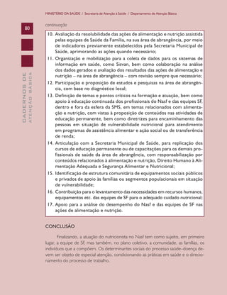 MINISTÉRIO DA SAÚDE / Secretaria de Atenção à Saúde / Departamento de Atenção Básica


                               continuação
      80
                                10. Avaliação da resolubilidade das ações de alimentação e nutrição assistida
                                    pelas	equipes	de	Saúde	da	Família,	na	sua	área	de	abrangência,	por	meio	
                                    de indicadores previamente estabelecidos pela Secretaria Municipal de
                                    Saúde,	aprimorando	as	ações	quando	necessário;
                                11. Organização e mobilização para a coleta de dados para os sistemas de
                                    informação em saúde, como Sisvan, bem como colaboração na análise
                                    dos dados gerados e avaliação dos resultados das ações de alimentação e
              ATENÇÃO BÁSICA
CADERNOS DE




                                    nutrição	–	na	área	de	abrangência	–	com	revisão	sempre	que	necessário;
                                12.	Participação	e	proposição	de	estudos	e	pesquisas	na	área	de	abrangên-
                                    cia,	com	base	no	diagnóstico	local;
                                13. Definição de temas e pontos críticos na formação e atuação, bem como
                                    apoio à educação continuada dos profissionais do Nasf e das equipes SF,
                                    dentro e fora da esfera da SMS, em temas relacionados com alimenta-
                                    ção e nutrição, com vistas à proposição de conteúdos nas atividades de
                                    educação permanente, bem como diretrizes para encaminhamento das
                                    pessoas em situação de vulnerabilidade nutricional para atendimento
                                    em	programas	de	assistência	alimentar	e	ação	social	ou	de	transferência	
                                    de	renda;
                                14. Articulação com a Secretaria Municipal de Saúde, para replicação dos
                                    cursos de educação permanente ou de capacitações para os demais pro-
                                    fissionais	de	saúde	da	área	de	abrangência,	com	responsabilização	por	
                                    conteúdos relacionados à alimentação e nutrição, Direito Humano à Ali-
                                    mentação	Adequada	e	Segurança	Alimentar	e	Nutricional;	
                                15. Identificação de estrutura comunitária de equipamentos sociais públicos
                                    e privados de apoio às famílias ou segmentos populacionais em situação
                                    de	vulnerabilidade;
                                16. Contribuição para o levantamento das necessidades em recursos humanos,
                                    equipamentos	etc.	das	equipes	de	SF	para	o	adequado	cuidado	nutricional;
                                17. Apoio para a análise do desempenho do Nasf e das equipes de SF nas
                                    ações de alimentação e nutrição.


                               CONCLUSÃO

                                      Finalizando, a atuação do nutricionista no Nasf tem como sujeito, em primeiro
                               lugar, a equipe de SF, mas também, no plano coletivo, a comunidade, as famílias, os
                               indivíduos que a compõem. Os determinantes sociais do processo saúde–doença de-
                               vem ser objeto de especial atenção, condicionando as práticas em saúde e o direcio-
                               namento do processo de trabalho.
 