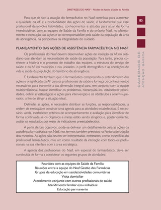 DIRETRIZES DO NASF – Núcleo de Apoio a Saúde da Família


       Para que de fato a atuação do farmacêutico no Nasf contribua para aumentar
a qualidade da AF e a resolubilidade das ações de saúde, é fundamental que esse                        85
profissional desenvolva habilidades, conhecimentos e atitudes para atuar de forma
interdisciplinar, com as equipes de Saúde da Família e do próprio Nasf, no planeja-
mento e execução das ações e se corresponsabilize pela saúde da população da área
de abrangência, na perspectiva da integralidade do cuidado.

PLANEJAMENTO DAS AÇÕES DE ASSISTÊNCIA FARMACÊUTICA NO NASF




                                                                                                               ATENÇÃO BÁSICA
                                                                                                 CADERNOS DE
      Os profissionais do Nasf devem desenvolver ações de inserção da AF no coti-
diano que atendam às necessidades de saúde da população. Para tanto, precisa co-
nhecer a história e o processo de trabalho das equipes, a estrutura do serviço de
saúde e da AF no município e nas unidades, o perfil demográfico e as condições de
vida e saúde da população do território de abrangência.
      É fundamental também que o farmacêutico compreenda o entendimento das
ações e o significado da AF para os profissionais de saúde e forneça os conhecimentos
necessários para transmitir a sua dimensão integral para, em conjunto com a equipe
multiprofissional, buscar identificar os problemas, hierarquizá-los, estabelecer priori-
dades, definir as estratégicas e ações para intervenção e os obstáculos a serem supe-
rados, a fim de atingir a situação ideal..
       Definidas as ações, é necessário distribuir as funções, as responsabilidades, a
ordem de execução e construir uma agenda para as atividades estabelecidas. É neces-
sário, ainda, estabelecer critérios de acompanhamento e avaliação para identificar de
forma continuada se os objetivos e metas estão sendo atingidos e, posteriormente,
avaliar os resultados por meio de indicadores preestabelecidos.
       A partir de tais objetivos, pode-se delinear um detalhamento para as ações da
assistência farmacêutica nos Nasf, nos termos também previstos na Portaria de criação
dos mesmos. As ações não devem ser interpretadas, entretanto, como específicas do
profissional farmacêutico, mas sim como resultado da interação com todos os profis-
sionais na sua interface com a área estratégica.
      A agenda dos profissionais do Nasf, em especial do farmacêutico, deve ser
construída de forma a considerar os seguintes grupos de atividades:

                  Reuniões com as equipes de Saúde da Família
              Reuniões entre a equipe do Nasf Gestão das Farmácias
              Grupos de educação em saúde/atividades comunitárias
                                 Visita domiciliar
             Atendimento conjunto com outros profissionais de saúde
                      Atendimento familiar e/ou individual
                              Educação permanente
 