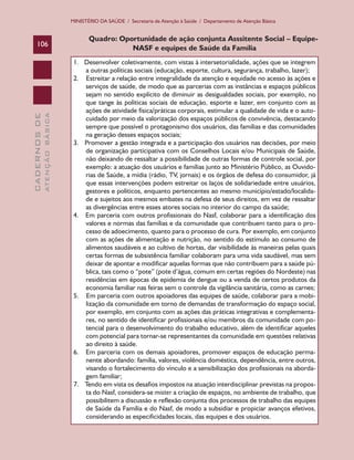 MINISTÉRIO DA SAÚDE / Secretaria de Atenção à Saúde / Departamento de Atenção Básica

ATENÇÃO BÁSICA

CADERNOS DE

106

Quadro: Oportunidade de ação conjunta Asssitente Social – EquipeNASF e equipes de Saúde da Família
1. Desenvolver coletivamente, com vistas à intersetorialidade, ações que se integrem
a outras políticas sociais (educação, esporte, cultura, segurança, trabalho, lazer);
2. Estreitar a relação entre integralidade da atenção e equidade no acesso às ações e
serviços de saúde, de modo que as parcerias com as instâncias e espaços públicos
sejam no sentido explícito de diminuir as desigualdades sociais, por exemplo, no
que tange às políticas sociais de educação, esporte e lazer, em conjunto com as
ações de atividade física/práticas corporais, estimular a qualidade de vida e o autocuidado por meio da valorização dos espaços públicos de convivência, destacando
sempre que possível o protagonismo dos usuários, das famílias e das comunidades
na geração desses espaços sociais;
3. Promover a gestão integrada e a participação dos usuários nas decisões, por meio
de organização participativa com os Conselhos Locais e/ou Municipais de Saúde,
não deixando de ressaltar a possibilidade de outras formas de controle social, por
exemplo: a atuação dos usuários e famílias junto ao Ministério Público, as Ouvidorias de Saúde, a mídia (rádio, TV, jornais) e os órgãos de defesa do consumidor, já
que essas intervenções podem estreitar os laços de solidariedade entre usuários,
gestores e políticos, enquanto pertencentes ao mesmo município/estado/localidade e sujeitos aos mesmos embates na defesa de seus direitos, em vez de ressaltar
as divergências entre esses atores sociais no interior do campo da saúde;
4. Em parceria com outros profissionais do Nasf, colaborar para a identificação dos
valores e normas das famílias e da comunidade que contribuem tanto para o processo de adoecimento, quanto para o processo de cura. Por exemplo, em conjunto
com as ações de alimentação e nutrição, no sentido do estímulo ao consumo de
alimentos saudáveis e ao cultivo de hortas, dar visibilidade às maneiras pelas quais
certas formas de subsistência familiar colaboram para uma vida saudável, mas sem
deixar de apontar e modificar aquelas formas que não contribuem para a saúde pública, tais como o “pote” (pote d’água, comum em certas regiões do Nordeste) nas
residências em épocas de epidemia de dengue ou a venda de certos produtos da
economia familiar nas feiras sem o controle da vigilância sanitária, como as carnes;
5. Em parceria com outros apoiadores das equipes de saúde, colaborar para a mobilização da comunidade em torno de demandas de transformação do espaço social,
por exemplo, em conjunto com as ações das práticas integrativas e complementares, no sentido de identificar profissionais e/ou membros da comunidade com potencial para o desenvolvimento do trabalho educativo, além de identificar aqueles
com potencial para tornar-se representantes da comunidade em questões relativas
ao direito à saúde.
6. Em parceria com os demais apoiadores, promover espaços de educação permanente abordando: família, valores, violência doméstica, dependência, entre outros,
visando o fortalecimento do vínculo e a sensibilização dos profissionais na abordagem familiar;
7. Tendo em vista os desafios impostos na atuação interdisciplinar previstas na proposta do Nasf, considera-se mister a criação de espaços, no ambiente de trabalho, que
possibilitem a discussão e reflexão conjunta dos processos de trabalho das equipes
de Saúde da Família e do Nasf, de modo a subsidiar e propiciar avanços efetivos,
considerando as especificidades locais, das equipes e dos usuários.

 