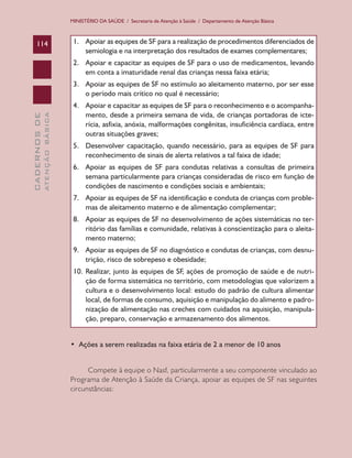 MINISTÉRIO DA SAÚDE / Secretaria de Atenção à Saúde / Departamento de Atenção Básica

114

1.	 Apoiar as equipes de SF para a realização de procedimentos diferenciados de
semiologia e na interpretação dos resultados de exames complementares;
2.	 Apoiar e capacitar as equipes de SF para o uso de medicamentos, levando
em conta a imaturidade renal das crianças nessa faixa etária;

ATENÇÃO BÁSICA

CADERNOS DE

3.	 Apoiar as equipes de SF no estímulo ao aleitamento materno, por ser esse
o período mais crítico no qual é necessário;
4.	 Apoiar e capacitar as equipes de SF para o reconhecimento e o acompanhamento, desde a primeira semana de vida, de crianças portadoras de icterícia, asfixia, anóxia, malformações congênitas, insuficiência cardíaca, entre
outras situações graves;
5.	 Desenvolver capacitação, quando necessário, para as equipes de SF para
reconhecimento de sinais de alerta relativos a tal faixa de idade;
6.	 Apoiar as equipes de SF para condutas relativas a consultas de primeira
semana particularmente para crianças consideradas de risco em função de
condições de nascimento e condições sociais e ambientais;
7.	 Apoiar as equipes de SF na identificação e conduta de crianças com problemas de aleitamento materno e de alimentação complementar;
8.	 Apoiar as equipes de SF no desenvolvimento de ações sistemáticas no território das famílias e comunidade, relativas à conscientização para o aleitamento materno;
9.	 Apoiar as equipes de SF no diagnóstico e condutas de crianças, com desnutrição, risco de sobrepeso e obesidade;
10.	 Realizar, junto às equipes de SF, ações de promoção de saúde e de nutrição de forma sistemática no território, com metodologias que valorizem a
cultura e o desenvolvimento local: estudo do padrão de cultura alimentar
local, de formas de consumo, aquisição e manipulação do alimento e padronização de alimentação nas creches com cuidados na aquisição, manipulação, preparo, conservação e armazenamento dos alimentos.
•  Ações a serem realizadas na faixa etária de 2 a menor de 10 anos
Compete à equipe o Nasf, particularmente a seu componente vinculado ao
Programa de Atenção à Saúde da Criança, apoiar as equipes de SF nas seguintes
circunstâncias:

 