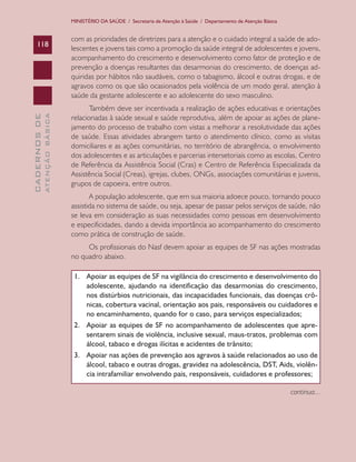 MINISTÉRIO DA SAÚDE / Secretaria de Atenção à Saúde / Departamento de Atenção Básica

ATENÇÃO BÁSICA

CADERNOS DE

118

com as prioridades de diretrizes para a atenção e o cuidado integral a saúde de adolescentes e jovens tais como a promoção da saúde integral de adolescentes e jovens,
acompanhamento do crescimento e desenvolvimento como fator de proteção e de
prevenção a doenças resultantes das desarmonias do crescimento, de doenças adquiridas por hábitos não saudáveis, como o tabagismo, álcool e outras drogas, e de
agravos como os que são ocasionados pela violência de um modo geral, atenção à
saúde da gestante adolescente e ao adolescente do sexo masculino.
Também deve ser incentivada a realização de ações educativas e orientações
relacionadas à saúde sexual e saúde reprodutiva, além de apoiar as ações de planejamento do processo de trabalho com vistas a melhorar a resolutividade das ações
de saúde. Essas atividades abrangem tanto o atendimento clínico, como as visitas
domiciliares e as ações comunitárias, no território de abrangência, o envolvimento
dos adolescentes e as articulações e parcerias intersetoriais como as escolas, Centro
de Referência da Assistência Social (Cras) e Centro de Referência Especializada da
Assistência Social (Creas), igrejas, clubes, ONGs, associações comunitárias e juvenis,
grupos de capoeira, entre outros.
A população adolescente, que em sua maioria adoece pouco, tornando pouco
assistida no sistema de saúde, ou seja, apesar de passar pelos serviços de saúde, não
se leva em consideração as suas necessidades como pessoas em desenvolvimento
e especificidades, dando a devida importância ao acompanhamento do crescimento
como prática de construção de saúde.
Os profissionais do Nasf devem apoiar as equipes de SF nas ações mostradas
no quadro abaixo.
1.	 Apoiar as equipes de SF na vigilância do crescimento e desenvolvimento do
adolescente, ajudando na identificação das desarmonias do crescimento,
nos distúrbios nutricionais, das incapacidades funcionais, das doenças crônicas, cobertura vacinal, orientação aos pais, responsáveis ou cuidadores e
no encaminhamento, quando for o caso, para serviços especializados;
2.	 Apoiar as equipes de SF no acompanhamento de adolescentes que apresentarem sinais de violência, inclusive sexual, maus-tratos, problemas com
álcool, tabaco e drogas ilícitas e acidentes de trânsito;
3.	 Apoiar nas ações de prevenção aos agravos à saúde relacionados ao uso de
álcool, tabaco e outras drogas, gravidez na adolescência, DST, Aids, violência intrafamiliar envolvendo pais, responsáveis, cuidadores e professores;
continua...

 