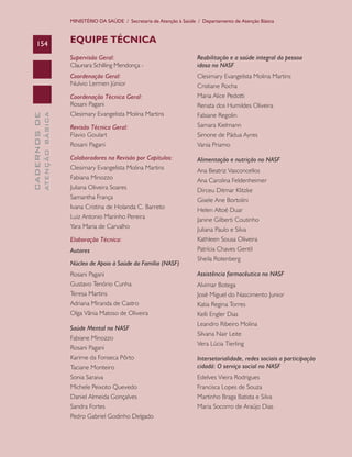 MINISTÉRIO DA SAÚDE / Secretaria de Atenção à Saúde / Departamento de Atenção Básica

154

EQUIPE TÉCNICA

Clesimary Evangelista Molina Martins

Coordenação Técnica Geral:
Rosani Pagani

ATENÇÃO BÁSICA

Reabilitação e a saúde integral da pessoa
idosa no NASF

Coordenação Geral:
Nulvio Lermen Júnior

CADERNOS DE

Supervisão Geral:
Claunara Schilling Mendonça -

Maria Alice Pedotti

Clesimary Evangelista Molina Martins

Fabiane Regolin

Revisão Técnica Geral:
Flavio Goulart

Samara Kielmann

Rosani Pagani

Vania Priamo

Colaboradores na Revisão por Capítulos:

Alimentação e nutrição no NASF

Clesimary Evangelista Molina Martins

Ana Beatriz Vasconcellos

Fabiana Minozzo
Juliana Oliveira Soares
Samantha França
Ivana Cristina de Holanda C. Barreto
Luiz Antonio Marinho Pereira
Yara Maria de Carvalho

Cristiane Rocha
Renata dos Humildes Oliveira

Simone de Pádua Ayres

Ana Carolina Feldenheimer
Dirceu Ditmar Klitzke
Gisele Ane Bortolini
Helen Altoé Duar
Janine Gilberti Coutinho
Juliana Paulo e Silva

Elaboração Técnica:

Kathleen Sousa Oliveira

Autores

Patrícia Chaves Gentil

Núcleo de Apoio à Saúde da Família (NASF)
Rosani Pagani
Gustavo Tenório Cunha
Teresa Martins
Adriana Miranda de Castro
Olga Vânia Matoso de Oliveira
Saúde Mental no NASF
Fabiane Minozzo
Rosani Pagani
Karime da Fonseca Pôrto

Sheila Rotenberg
Assistência farmacêutica no NASF
Alvimar Botega
José Miguel do Nascimento Junior
Katia Regina Torres
Kelli Engler Dias
Leandro Ribeiro Molina
Silvana Nair Leite
Vera Lúcia Tierling

Taciane Monteiro

Intersetorialidade, redes sociais a participação
cidadã: O serviço social no NASF

Sonia Saraiva

Edelves Vieira Rodrigues

Michele Peixoto Quevedo

Francisca Lopes de Souza

Daniel Almeida Gonçalves

Martinho Braga Batista e Silva

Sandra Fortes

Maria Socorro de Araújo Dias

Pedro Gabriel Godinho Delgado

 