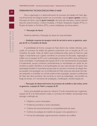 MINISTÉRIO DA SAÚDE / Secretaria de Atenção à Saúde / Departamento de Atenção Básica

24

FERRAMENTAS TECNOLÓGICAS PARA O NASF

ATENÇÃO BÁSICA

CADERNOS DE

Para a organização e o desenvolvimento do processo de trabalho do Nasf, algumas ferramentas tecnológicas podem ser enumeradas, seja de apoio à gestão, como a
Pactuação do Apoio, seja de apoio à atenção, das quais são exemplos: o apoio matricial
(descrito anteriormente), a Clínica Ampliada, o Projeto Terapêutico Singular (PTS) e o
Projeto de Saúde no Território (PST), a serem detalhadas nas linhas adiante.
•	 Pactuação do Apoio
Podemos delimitar a Pactuação do Apoio em duas atividades:
- Avaliação conjunta da situação inicial do território entre os gestores, equipes de SF e o Conselho de Saúde.
A possibilidade de formar a equipe do Nasf, dentro dos moldes referidos, pressupõe um processo de análise dos gestores juntamente com as equipes de SF e os
conselhos de saúde. Antes de definir quais profissionais farão parte do Nasf em cada
região, é importante que o gestor coordene um processo de discussão, negociação e
análise com as equipes de SF e com a participação social, para definir quais profissionais
serão contratados. A participação das equipes de SF e dos representantes da população
é fundamental, porque conhecem profundamente as necessidades em saúde de seu
território e podem identificar os temas/situações em que mais precisam de apoio. Essa
participação também é importante porque esse é o primeiro momento da relação dessas equipes e da população com os profissionais do Nasf, ainda que eles ainda não estejam presentes, e vai facilitar um vínculo positivo entre população, equipes e profissionais
do Nasf. Isso deve acontecer não somente no início da implantação, mas também ao
longo do tempo, em momentos de ampliações, modificações, transformações etc.
- Pactuação do desenvolvimento do processo de trabalho e das metas, entre
os gestores, a equipe do Nasf e a equipe de SF.
Essa é uma atividade que deve ser rotineira. É muito importante que os gestores,
equipes de SF e do Nasf pactuem metas e o processo de trabalho, tal pactuação deve
abranger a definição de:
•	 Objetivos a serem alcançados;
•	 Problemas prioritários a serem abordados;
•	 Critérios de encaminhamento ou compartilhamento de casos;
•	 Critérios de avaliação do trabalho da equipe e dos apoiadores; e
•	 Formas de explicitação e gerenciamento resolutivo de conflitos.

 