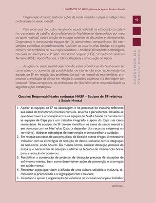 DIRETRIZES DO NASF – Núcleo de Apoio a Saúde da Família

As ações de saúde mental desenvolvidas pelos profissionais do Nasf devem ter
como objetivo o aumento das possibilidades de intervenção e de resolutividade das
equipes de SF em relação aos problemas de saú¬de mental do seu território, propiciando a ampliação da clínica em relação às questões subjetivas e à abordagem psicossocial. Nessa perspectiva, os profissionais do Nasf têm como responsabilidade as
seguintes ações estratégicas:
Quadro: Responsabilidades conjuntas NASF – Equipes de SF relativas
à Saúde Mental
1.	 Apoiar as equipes de SF na abordagem e no processo de trabalho referente
aos casos de transtornos mentais comuns, severos e persistentes. Ressalta-se
que deve haver a articulação entre as equipes de Nasf e Saúde da Família com
as equipes de Caps para um trabalho integrado e apoio do Caps nos casos
necessários. As equipes de SF devem identificar os casos de saúde mental e,
em conjunto com os Nasf e/ou Caps (a depender dos recursos existentes no
território), elaborar estratégias de intervenção e compartilhar o cuidado;
2.	 Em relação aos casos de uso prejudicial de álcool e outras drogas, é necessário
trabalhar com as estratégias de redução de danos, inclusive com a integração
de redutores, onde houver. Da mesma forma, realizar detecção precoce de
casos que necessitem de atenção e utilizar as técnicas de intervenção breve
para a redução do consumo;
3.	 Possibilitar a construção de projetos de detecção precoce de situações de
sofrimento mental, bem como desenvolver ações de prevenção e promoção
em saúde mental;
4.	 Fomentar ações que visem à difusão de uma cultura solidária e inclusiva, diminuindo o preconceito e a segregação com a loucura;
5.	 Incentivar e apoiar a organização de iniciativas de inclusão social pelo trabalho;
continua...

ATENÇÃO BÁSICA

Para iniciar essa discussão, remetendo aquela realizada na introdução do caderno, o processo de trabalho dos profissionais do Nasf deve ser desenvolvido por meio
do apoio matricial, com a criação de espaços coletivos de discussões e planejamento.
Organizando e estruturando espaços de: (a) atendimento compartilhado; (b) intervenções específicas do profissional do Nasf com os usuários e/ou famílias; e (c) ações
comuns nos territórios de sua responsabilidade. Utilizando ferramentas tecnológicas,
das quais são exemplos: o Projeto Terapêutico Singular (PTS), o Projeto de Saúde no
Território (PST), Apoio Matricial, a Clínica Ampliada e a Pactuação do Apoio.

45

CADERNOS DE

Organização do apoio matricial: ações de saúde mental e o papel estratégico dos
profissionais de saúde mental

 