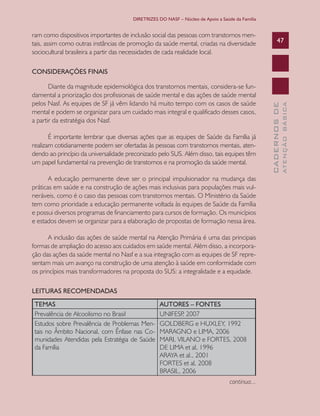 DIRETRIZES DO NASF – Núcleo de Apoio a Saúde da Família

ram como dispositivos importantes de inclusão social das pessoas com transtornos mentais, assim como outras instâncias de promoção da saúde mental, criadas na diversidade
sociocultural brasileira a partir das necessidades de cada realidade local.

47

É importante lembrar que diversas ações que as equipes de Saúde da Família já
realizam cotidianamente podem ser ofertadas às pessoas com transtornos mentais, atendendo ao princípio da universalidade preconizado pelo SUS. Além disso, tais equipes têm
um papel fundamental na prevenção de transtornos e na promoção da saúde mental.
A educação permanente deve ser o principal impulsionador na mudança das
práticas em saúde e na construção de ações mais inclusivas para populações mais vulneráveis, como é o caso das pessoas com transtornos mentais. O Ministério da Saúde
tem como prioridade a educação permanente voltada às equipes de Saúde da Família
e possui diversos programas de financiamento para cursos de formação. Os municípios
e estados devem se organizar para a elaboração de propostas de formação nessa área.
A inclusão das ações de saúde mental na Atenção Primária é uma das principais
formas de ampliação do acesso aos cuidados em saúde mental. Além disso, a incorporação das ações da saúde mental no Nasf e a sua integração com as equipes de SF representam mais um avanço na construção de uma atenção à saúde em conformidade com
os princípios mais transformadores na proposta do SUS: a integralidade e a equidade.
LEITURAS RECOMENDADAS
TEMAS
Prevalência de Alcoolismo no Brasil
Estudos sobre Prevalência de Problemas Mentais no Âmbito Nacional, com Ênfase nas Comunidades Atendidas pela Estratégia de Saúde
da Família

AUTORES – FONTES
UNIFESP 2007
,
GOLDBERG e HUXLEY, 1992
MARAGNO e LIMA, 2006
MARI, VILANO e FORTES, 2008
DE LIMA et al, 1996
ARAYA et al., 2001
FORTES et al, 2008
BRASIL, 2006
continua...

ATENÇÃO BÁSICA

Diante da magnitude epidemiológica dos transtornos mentais, considera-se fundamental a priorização dos profissionais de saúde mental e das ações de saúde mental
pelos Nasf. As equipes de SF já vêm lidando há muito tempo com os casos de saúde
mental e podem se organizar para um cuidado mais integral e qualificado desses casos,
a partir da estratégia dos Nasf.

CADERNOS DE

CONSIDERAÇÕES FINAIS

 