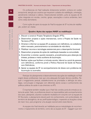 MINISTÉRIO DA SAÚDE / Secretaria de Atenção à Saúde / Departamento de Atenção Básica

56

Os profissionais do Nasf realizarão diretamente também, embora em caráter
excepcional, atenção aos usuários que requeiram cuidados de reabilitação, orientação,
atendimento individual e coletivo. Desenvolvendo também, junto às equipes de SF,
ações integradas em escolas, creches, igrejas, associações e outros ambientes, bem
como visitas domiciliares.

ATENÇÃO BÁSICA

CADERNOS DE

Como ações de apoio da equipe do Nasf às equipes de SF na área de reabilitação, podem ser citadas:
Quadro: Ações das equipes NASF na reabilitação
1.	 Discutir e construir Projeto Terapêutico Singular (PTS);
2.	 Desenvolver projetos e ações intersetoriais, como o Projeto de Saúde no
Território (PTS);
3.	 Orientar e informar as equipes SF, as pessoas com deficiência, os cuidadores
sobre manuseio, posicionamento e as atividades de vida diária;
4.	 Mobilizar recursos e tecnologias assistenciais para o desempenho funcional;
5.	 Desenvolver propostas de ações de reabilitação baseadas na comunidade;
6.	 Encaminhar e orientar, quando necessário, procedimentos para obtenção de
órteses, próteses e meios auxiliares de locomoção;
7.	 Realizar ações que facilitem a inclusão escolar, laboral ou social de pessoas
com deficiência, conforme prevê a Política Nacional de Saúde da Pessoa
com Deficiência;
8.	 Apoiar as equipes de SF no acompanhamento de idosos com problemas de
locomoção ou acamados.
Participar do planejamento e desenvolvimento das ações de reabilitação no Nasf
exigirá desses profissionais mais que uma adequada formação técnico-científica. Requer o engajamento pessoal, estabelecimento de prioridades e definição de estratégias, comunicação e integração com diferentes atores sociais e conhecimento das
políticas públicas de saúde e suas diretrizes na APS.
É importante também ressaltar que o Nasf não constitui porta de entrada ao sistema de saúde. Nele, os profissionais devem se responsabilizar pelo acompanhamento
dos casos, planejando, atuando e avaliando resultados em conjunto com as equipes de
SF. Para tanto, o planejamento deverá partir do conhecimento, com profundidade, do
território de abrangência, de seu perfil epidemiológico, mapeando as situações e áreas
de maior risco, para programar uma atuação racional sobre esses fatores.
As equipes dos Nasf deverão ser habilitadas para as metodologias de reconhecimento e mapeamento de território, como são as equipes de SF – bagagem que nem

 