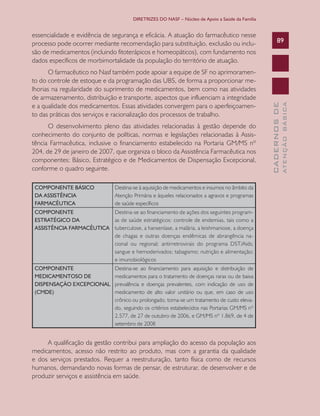 DIRETRIZES DO NASF – Núcleo de Apoio a Saúde da Família

O desenvolvimento pleno das atividades relacionadas à gestão depende do
conhecimento do conjunto de políticas, normas e legislações relacionadas à Assistência Farmacêutica, inclusive o financiamento estabelecido na Portaria GM/MS nº
204, de 29 de janeiro de 2007, que organiza o bloco da Assistência Farmacêutica nos
componentes: Básico, Estratégico e de Medicamentos de Dispensação Excepcional,
conforme o quadro seguinte.
COMPONENTE BÁSICO
DA ASSISTÊNCIA
FARMACÊUTICA

Destina-se à aquisição de medicamentos e insumos no âmbito da
Atenção Primária e àqueles relacionados a agravos e programas
de saúde específicos

COMPONENTE
Destina-se ao financiamento de ações dos seguintes programESTRATÉGICO DA
as de saúde estratégicos: controle de endemias, tais como a
ASSISTÊNCIA FARMACÊUTICA tuberculose, a hanseníase, a malária, a leishmaniose, a doença
de chagas e outras doenças endêmicas de abrangência nacional ou regional; antirretrovirais do programa DST/Aids;
sangue e hemoderivados; tabagismo; nutrição e alimentação;
e imunobiológicos
COMPONENTE
MEDICAMENTOSO DE
DISPENSAÇÃO EXCEPCIONAL
(CMDE)

Destina-se ao financiamento para aquisição e distribuição de
medicamentos para o tratamento de doenças raras ou de baixa
prevalência e doenças prevalentes, com indicação de uso de
medicamento de alto valor unitário ou que, em caso de uso
crônico ou prolongado, torna-se um tratamento de custo elevado, seguindo os critérios estabelecidos nas Portarias GM/MS nº
2.577, de 27 de outubro de 2006, e GM/MS nº 1.869, de 4 de
setembro de 2008

A qualificação da gestão contribui para ampliação do acesso da população aos
medicamentos, acesso não restrito ao produto, mas com a garantia da qualidade
e dos serviços prestados. Requer a reestruturação, tanto física como de recursos
humanos, demandando novas formas de pensar, de estruturar, de desenvolver e de
produzir serviços e assistência em saúde.

ATENÇÃO BÁSICA

O farmacêutico no Nasf também pode apoiar a equipe de SF no aprimoramento do controle de estoque e da programação das UBS, de forma a proporcionar melhorias na regularidade do suprimento de medicamentos, bem como nas atividades
de armazenamento, distribuição e transporte, aspectos que influenciam a integridade
e a qualidade dos medicamentos. Essas atividades convergem para o aperfeiçoamento das práticas dos serviços e racionalização dos processos de trabalho.

89

CADERNOS DE

essencialidade e evidência de segurança e eficácia. A atuação do farmacêutico nesse
processo pode ocorrer mediante recomendação para substituição, exclusão ou inclusão de medicamentos (incluindo fitoterápicos e homeopáticos), com fundamento nos
dados específicos de morbimortalidade da população do território de atuação.

 