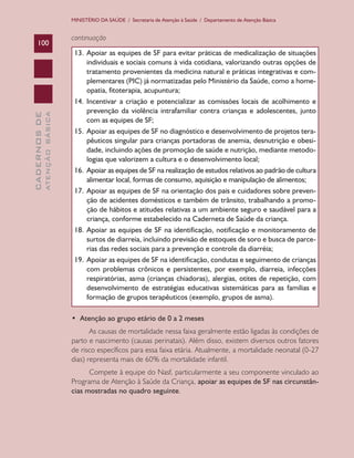CADERNOSDE
ATENÇÃOBÁSICA100
MINISTÉRIO DA SAÚDE / Secretaria de Atenção à Saúde / Departamento de Atenção Básica
continuação
13.	Apoiar as equipes de SF para evitar práticas de medicalização de situações
individuais e sociais comuns à vida cotidiana, valorizando outras opções de
tratamento provenientes da medicina natural e práticas integrativas e com-
plementares (PIC) já normatizadas pelo Ministério da Saúde, como a home-
opatia, fitoterapia, acupuntura;
14.	Incentivar a criação e potencializar as comissões locais de acolhimento e
prevenção da violência intrafamiliar contra crianças e adolescentes, junto
com as equipes de SF;
15.	Apoiar as equipes de SF no diagnóstico e desenvolvimento de projetos tera-
pêuticos singular para crianças portadoras de anemia, desnutrição e obesi-
dade, incluindo ações de promoção de saúde e nutrição, mediante metodo-
logias que valorizem a cultura e o desenvolvimento local;
16.	Apoiar as equipes de SF na realização de estudos relativos ao padrão de cultura
alimentar local, formas de consumo, aquisição e manipulação de alimentos;
17.	Apoiar as equipes de SF na orientação dos pais e cuidadores sobre preven-
ção de acidentes domésticos e também de trânsito, trabalhando a promo-
ção de hábitos e atitudes relativas a um ambiente seguro e saudável para a
criança, conforme estabelecido na Caderneta de Saúde da criança.
18.	Apoiar as equipes de SF na identificação, notificação e monitoramento de
surtos de diarreia, incluindo previsão de estoques de soro e busca de parce-
rias das redes sociais para a prevenção e controle da diarréia;
19.	Apoiar as equipes de SF na identificação, condutas e seguimento de crianças
com problemas crônicos e persistentes, por exemplo, diarreia, infecções
respiratórias, asma (crianças chiadoras), alergias, otites de repetição, com
desenvolvimento de estratégias educativas sistemáticas para as famílias e
formação de grupos terapêuticos (exemplo, grupos de asma).
•  Atenção ao grupo etário de 0 a 2 meses
As causas de mortalidade nessa faixa geralmente estão ligadas às condições de
parto e nascimento (causas perinatais). Além disso, existem diversos outros fatores
de risco específicos para essa faixa etária. Atualmente, a mortalidade neonatal (0-27
dias) representa mais de 60% da mortalidade infantil.
Compete à equipe do Nasf, particularmente a seu componente vinculado ao
Programa de Atenção à Saúde da Criança, apoiar as equipes de SF nas circunstân-
cias mostradas no quadro seguinte.
CAB 27 Diretrizes do NASF.indd 100 3/8/2010 00:01:20
 