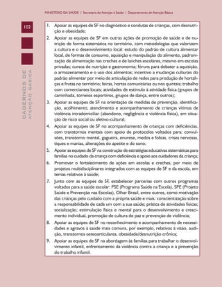CADERNOSDE
ATENÇÃOBÁSICA102
MINISTÉRIO DA SAÚDE / Secretaria de Atenção à Saúde / Departamento de Atenção Básica
1.	 Apoiar as equipes de SF no diagnóstico e condutas de crianças, com desnutri-
ção e obesidade;
2.	 Apoiar as equipes de SF em outras ações de promoção de saúde e de nu-
trição de forma sistemática no território, com metodologias que valorizem
a cultura e o desenvolvimento local: estudo do padrão de cultura alimentar
local, de formas de consumo, aquisição e manipulação do alimento, padroni-
zação de alimentação nas creches e de lanches escolares, mesmo em escolas
privadas; cursos de nutrição e gastronomia; fóruns para debater a aquisição,
o armazenamento e o uso dos alimentos; incentivo a mudanças culturais do
padrão alimentar por meio de articulação de redes para produção de hortali-
ças e frutas no território; feiras, hortas comunitárias ou nos quintais; trabalho
com comerciantes locais; atividades de estímulo à atividade física (grupos de
caminhada, torneios esportivos, grupos de dança, entre outros);
3.	 Apoiar as equipes de SF na orientação de medidas de prevenção, identifica-
ção, acolhimento, atendimento e acompanhamento de crianças vítimas de
violência intradomiciliar (abandono, negligência e violência física), em situa-
ção de risco social ou afetivo-cultural;
4.	 Apoiar as equipes de SF no acompanhamento de crianças com deficiências,
com transtornos mentais com apoio de protocolos voltados para: convul-
sões, transtorno mental, gagueira, enurese, medos e fobias, crises nervosas,
tiques e manias, alterações do apetite e do sono;
5.	 Apoiar as equipes de SF na construção de estratégias educativas sistemáticas para
famílias no cuidado da criança com deficiência e apoio aos cuidadores da criança;
6.	 Promover o fortalecimento de ações em escolas e creches, por meio de
projetos multidisciplinares integrados com as equipes de SF e da escola, em
temas relativos à saúde;
7.	 Junto com as equipes de SF, estabelecer parcerias com outros programas
voltados para a saúde escolar: PSE (Programa Saúde na Escola), SPE (Projeto
Saúde e Prevenção nas Escolas), Olhar Brasil, entre outros, como motivação
das crianças pelo cuidado com a própria saúde e mais: conscientização sobre
a responsabilidade de cada um com a sua saúde; prática de atividades físicas;
socialização; estimulação física e mental para o desenvolvimento e cresci-
mento individual, promoção de cultura de paz e prevenção de violência;
8.	 Apoiar as equipes de SF no reconhecimento e acompanhamento de necessi-
dades e agravos à saúde mais comuns, por exemplo, relativos à visão, audi-
ção, transtornos osteoarticulares, obesidade/desnutrição crônica;
9.	 Apoiar as equipes de SF na abordagem às famílias para trabalhar o desenvol-
vimento infantil, enfrentamento da violência contra a criança e a prevenção
do trabalho infantil.
CAB 27 Diretrizes do NASF.indd 102 3/8/2010 00:01:21
 