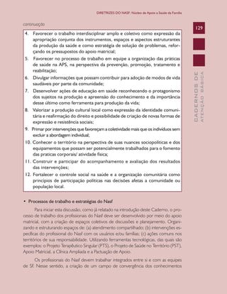 CADERNOSDE
ATENÇÃOBÁSICA
129
DIRETRIZES DO NASF: Núcleo de Apoio a Saúde da Família
continuação
4. Favorecer o trabalho interdisciplinar amplo e coletivo como expressão da
apropriação conjunta dos instrumentos, espaços e aspectos estruturantes
da produção da saúde e como estratégia de solução de problemas, refor-
çando os pressupostos do apoio matricial;
5. Favorecer no processo de trabalho em equipe a organização das práticas
de saúde na APS, na perspectiva da prevenção, promoção, tratamento e
reabilitação;
6. Divulgar informações que possam contribuir para adoção de modos de vida
saudáveis por parte da comunidade;
7. Desenvolver ações de educação em saúde reconhecendo o protagonismo
dos sujeitos na produção e apreensão do conhecimento e da importância
desse último como ferramenta para produção da vida;
8. Valorizar a produção cultural local como expressão da identidade comuni-
tária e reafirmação do direito e possibilidade de criação de novas formas de
expressão e resistência sociais;
9. Primar por intervenções que favoreçam a coletividade mais que os indivíduos sem
excluir a abordagem individual;
10. Conhecer o território na perspectiva de suas nuances sociopolíticas e dos
equipamentos que possam ser potencialmente trabalhados para o fomento
das praticas corporais/ atividade física;
11. Construir e participar do acompanhamento e avaliação dos resultados
das intervenções;
12. Fortalecer o controle social na saúde e a organização comunitária como
princípios de participação políticas nas decisões afetas a comunidade ou
população local.
•  Processos de trabalho e estratégias do Nasf
Para iniciar esta discussão, como já relatado na introdução deste Caderno, o pro-
cesso de trabalho dos profissionais do Nasf deve ser desenvolvido por meio do apoio
matricial, com a criação de espaços coletivos de discussões e planejamento. Organi-
zando e estruturando espaços de: (a) atendimento compartilhado; (b) intervenções es-
pecíficas do profissional do Nasf com os usuários e/ou famílias; (c) ações comuns nos
territórios de sua responsabilidade. Utilizando ferramentas tecnológicas, das quais são
exemplos: o Projeto Terapêutico Singular (PTS), o Projeto de Saúde no Território (PST),
Apoio Matricial, a Clínica Ampliada e a Pactuação de Apoio.
Os profissionais do Nasf devem trabalhar integrados entre si e com as equipes
de SF. Nesse sentido, a criação de um campo de convergência dos conhecimentos
CAB 27 Diretrizes do NASF.indd 129 3/8/2010 00:01:25
 