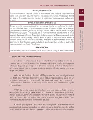 CADERNOSDE
ATENÇÃOBÁSICA
29
DIRETRIZES DO NASF: Núcleo de Apoio a Saúde da Família
DEFINIÇÃO DAS METAS
Sobre os problemas, a equipe trabalha as propostas de curto, médio e longo prazo que
serão negociadas com o sujeito “doente” e as pessoas envolvidas. A negociação deverá
ser feita, preferencialmente, pelo membro da equipe que tiver um vínculo melhor com
o usuário.
DIVISÃO DE RESPONSABILIDADES
É importante definir as tarefas de cada um com clareza. Escolher um profissional de referên-
cia, que na Atenção Básica pode ser qualquer membro da equipe de Saúde da Família inde-
pendentemente da formação, é uma estratégia para favorecer a continuidade e articulação
entre formulação, ações e reavaliações. Ele se manterá informado do andamento de todas
as ações planejadas no Projeto Terapêutico. Será aquele que a família procura quando sente
necessidade e com o qual negocia as propostas terapêuticas. O profissional de referência
também aciona a equipe do Nasf caso aconteça um evento muito importante e articula gru-
pos menores de profissionais para a resolução de questões pontuais surgidas no andamento
da implementação do Projeto Terapêutico.
REAVALIAÇÃO
Momento em que se discutirá a evolução e se farão as devidas correções dos rumos tomados.
•  Projeto de Saúde no Território (PST)
A partir do conceito ampliado da saúde e frente à complexidade crescente em se
trabalhar com os determinantes sociais da saúde, coloca-se o desafio de se organizar
estratégias de gestão que integrem os diferentes planos de cuidado existentes no ter-
ritório, seja voltado para as pessoas, famílias, grupo específico (gestantes, hipertensos
etc.) e comunitário.
O Projeto de Saúde no Território (PST) pretende ser uma estratégia das equi-
pes de SF e do Nasf para desenvolver ações efetivas na produção da saúde em um
território que tenham foco na articulação dos serviços de saúde com outros serviços
e políticas sociais de forma a investir na qualidade de vida e na autonomia de sujeitos
e comunidades.
O PST deve iniciar-se pela identificação de uma área e/ou população vulnerável
ou em risco. Tal identificação pode acontecer a partir de um “caso clínico” que chame a
atenção da equipe, como uma idosa com “marcas de queda” e que pode ser vítima de
violência. Bem como pode ser feita com base na análise da situação em saúde. Outro
exemplo: a alta prevalência de adolescentes grávidas.
À identificação segue-se a elaboração e consolidação de um entendimento mais
aprofundado da situação/necessidade em saúde, no qual se trabalhará com: (a) justifica-
tiva da priorização de certa área e/ou população vulnerável ou em risco; (b) compreen-
CAB 27 Diretrizes do NASF.indd 29 3/8/2010 00:01:10
 