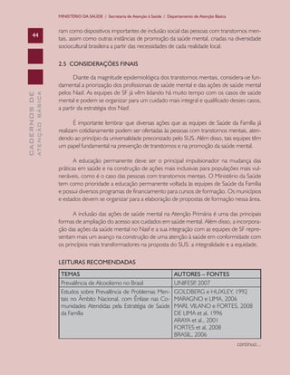 CADERNOSDE
ATENÇÃOBÁSICA44
MINISTÉRIO DA SAÚDE / Secretaria de Atenção à Saúde / Departamento de Atenção Básica
ram como dispositivos importantes de inclusão social das pessoas com transtornos men-
tais, assim como outras instâncias de promoção da saúde mental, criadas na diversidade
sociocultural brasileira a partir das necessidades de cada realidade local.
2.5 CONSIDERAÇÕES FINAIS
Diante da magnitude epidemiológica dos transtornos mentais, considera-se fun-
damental a priorização dos profissionais de saúde mental e das ações de saúde mental
pelos Nasf. As equipes de SF já vêm lidando há muito tempo com os casos de saúde
mental e podem se organizar para um cuidado mais integral e qualificado desses casos,
a partir da estratégia dos Nasf.
É importante lembrar que diversas ações que as equipes de Saúde da Família já
realizam cotidianamente podem ser ofertadas às pessoas com transtornos mentais, aten-
dendo ao princípio da universalidade preconizado pelo SUS. Além disso, tais equipes têm
um papel fundamental na prevenção de transtornos e na promoção da saúde mental.
A educação permanente deve ser o principal impulsionador na mudança das
práticas em saúde e na construção de ações mais inclusivas para populações mais vul-
neráveis, como é o caso das pessoas com transtornos mentais. O Ministério da Saúde
tem como prioridade a educação permanente voltada às equipes de Saúde da Família
e possui diversos programas de financiamento para cursos de formação. Os municípios
e estados devem se organizar para a elaboração de propostas de formação nessa área.
A inclusão das ações de saúde mental na Atenção Primária é uma das principais
formas de ampliação do acesso aos cuidados em saúde mental. Além disso, a incorpora-
ção das ações da saúde mental no Nasf e a sua integração com as equipes de SF repre-
sentam mais um avanço na construção de uma atenção à saúde em conformidade com
os princípios mais transformadores na proposta do SUS: a integralidade e a equidade.
LEITURAS RECOMENDADAS
TEMAS AUTORES – FONTES
Prevalência de Alcoolismo no Brasil UNIFESP, 2007
Estudos sobre Prevalência de Problemas Men-
tais no Âmbito Nacional, com Ênfase nas Co-
munidades Atendidas pela Estratégia de Saúde
da Família
GOLDBERG e HUXLEY, 1992
MARAGNO e LIMA, 2006
MARI, VILANO e FORTES, 2008
DE LIMA et al, 1996
ARAYA et al., 2001
FORTES et al, 2008
BRASIL, 2006
continua...
CAB 27 Diretrizes do NASF.indd 44 3/8/2010 00:01:13
 