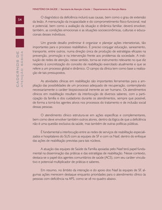 CADERNOSDE
ATENÇÃOBÁSICA54
MINISTÉRIO DA SAÚDE / Secretaria de Atenção à Saúde / Departamento de Atenção Básica
O diagnóstico da deficiência incluirá suas causas, bem como o grau de extensão
da lesão. A mensuração da incapacidade e do comprometimento físico-funcional, real
e potencial, bem como a avaliação da situação e dinâmica familiar, deverá envolver,
também, as condições emocionais e as situações socioeconômicas, culturais e educa-
cionais desses indivíduos.
Um grande desafio preliminar é organizar e planejar ações intersetoriais, tão
importantes para o processo reabilitativo. É preciso conjugar educação, saneamento,
transporte, entre outros, numa direção única de produção de estratégias eficazes na
prevenção, promoção e na intervenção frente aos problemas da sociedade. A insti-
tuição de redes de atenção, nesse sentido, torna-se instrumento relevante no que diz
respeito à concretização do conceito de reabilitação exercitado atualmente e que se
refere a um processo global e dinâmico. O campo da clínica tem como base a realiza-
ção de tais pressupostos.
As atividades clínicas em reabilitação são importantes ferramentas para a am-
pliação das possibilidades de um processo adequado de recuperação, contemplando
necessariamente o caráter biopsicossocial inerente ao ser humano. Os atendimentos
clínicos em reabilitação resultam da interlocução de diversos saberes, com a parti-
cipação da família e dos cuidadores durante os atendimentos, sempre que possível,
de forma a torná-los agentes ativos nos processos do tratamento e de inclusão social
dessas pessoas.
O atendimento clínico estrutura-se em ações específicas e complementares,
bem como deve envolver também outros atores, dentro da lógica de que a deficiência
não é uma questão exclusiva da saúde, mas também de outras políticas públicas.
É fundamental a interlocução entre as redes de serviços de reabilitação especiali-
zados e hospitalares do SUS com as equipes de SF e com os Nasf, dentro do enfoque
das ações de reabilitação previstas para tais núcleos.
A atuação das equipes de Saúde da Família apoiadas pelo Nasf terá papel funda-
mental na disseminação das práticas e das estratégias de reabilitação. Nesse contexto,
destaca-se o papel dos agentes comunitários de saúde (ACS), com seu caráter vincula-
tivo e potencial multiplicador de práticas e saberes.
Em resumo, no âmbito da interação e do apoio dos Nasf às equipes de SF, al-
gumas ações merecem destaque enquanto prioridades para o atendimento clínico às
pessoas com deficiência na APS, como se vê no quadro abaixo.
CAB 27 Diretrizes do NASF.indd 54 3/8/2010 00:01:14
 