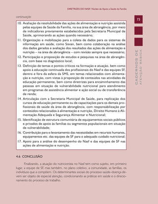 CADERNOSDE
ATENÇÃOBÁSICA
73
DIRETRIZES DO NASF: Núcleo de Apoio a Saúde da Família
continuação
10.	Avaliação da resolubilidade das ações de alimentação e nutrição assistida
pelas equipes de Saúde da Família, na sua área de abrangência, por meio
de indicadores previamente estabelecidos pela Secretaria Municipal de
Saúde, aprimorando as ações quando necessário;
11.	Organização e mobilização para a coleta de dados para os sistemas de
informação em saúde, como Sisvan, bem como colaboração na análise
dos dados gerados e avaliação dos resultados das ações de alimentação e
nutrição – na área de abrangência – com revisão sempre que necessário;
12.	Participação e proposição de estudos e pesquisas na área de abrangên-
cia, com base no diagnóstico local;
13.	Definição de temas e pontos críticos na formação e atuação, bem como
apoio à educação continuada dos profissionais do Nasf e das equipes SF,
dentro e fora da esfera da SMS, em temas relacionados com alimenta-
ção e nutrição, com vistas à proposição de conteúdos nas atividades de
educação permanente, bem como diretrizes para encaminhamento das
pessoas em situação de vulnerabilidade nutricional para atendimento
em programas de assistência alimentar e ação social ou de transferência
de renda;
14.	Articulação com a Secretaria Municipal de Saúde, para replicação dos
cursos de educação permanente ou de capacitações para os demais pro-
fissionais de saúde da área de abrangência, com responsabilização por
conteúdos relacionados à alimentação e nutrição, Direito Humano à Ali-
mentação Adequada e Segurança Alimentar e Nutricional;
15.	Identificação de estrutura comunitária de equipamentos sociais públicos
e privados de apoio às famílias ou segmentos populacionais em situação
de vulnerabilidade;
16.	Contribuição para o levantamento das necessidades em recursos humanos,
equipamentos etc. das equipes de SF para o adequado cuidado nutricional;
17.	Apoio para a análise do desempenho do Nasf e das equipes de SF nas
ações de alimentação e nutrição.
4.6 CONCLUSÃO
Finalizando, a atuação do nutricionista no Nasf tem como sujeito, em primeiro
lugar, a equipe de SF, mas também, no plano coletivo, a comunidade, as famílias, os
indivíduos que a compõem. Os determinantes sociais do processo saúde–doença de-
vem ser objeto de especial atenção, condicionando as práticas em saúde e o direcio-
namento do processo de trabalho.
CAB 27 Diretrizes do NASF.indd 73 3/8/2010 00:01:17
 