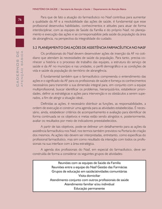 CADERNOSDE
ATENÇÃOBÁSICA76
MINISTÉRIO DA SAÚDE / Secretaria de Atenção à Saúde / Departamento de Atenção Básica
Para que de fato a atuação do farmacêutico no Nasf contribua para aumentar
a qualidade da AF e a resolubilidade das ações de saúde, é fundamental que esse
profissional desenvolva habilidades, conhecimentos e atitudes para atuar de forma
interdisciplinar, com as equipes de Saúde da Família e do próprio Nasf, no planeja-
mento e execução das ações e se corresponsabilize pela saúde da população da área
de abrangência, na perspectiva da integralidade do cuidado.
5.2 PLANEJAMENTO DAS AÇÕES DE ASSISTÊNCIA FARMACÊUTICA NO NASF
Os profissionais do Nasf devem desenvolver ações de inserção da AF no coti-
diano que atendam às necessidades de saúde da população. Para tanto, precisa co-
nhecer a história e o processo de trabalho das equipes, a estrutura do serviço de
saúde e da AF no município e nas unidades, o perfil demográfico e as condições de
vida e saúde da população do território de abrangência.
É fundamental também que o farmacêutico compreenda o entendimento das
ações e o significado da AF para os profissionais de saúde e forneça os conhecimentos
necessários para transmitir a sua dimensão integral para, em conjunto com a equipe
multiprofissional, buscar identificar os problemas, hierarquizá-los, estabelecer priori-
dades, definir as estratégicas e ações para intervenção e os obstáculos a serem supe-
rados, a fim de atingir a situação ideal..
Definidas as ações, é necessário distribuir as funções, as responsabilidades, a
ordem de execução e construir uma agenda para as atividades estabelecidas. É neces-
sário, ainda, estabelecer critérios de acompanhamento e avaliação para identificar de
forma continuada se os objetivos e metas estão sendo atingidos e, posteriormente,
avaliar os resultados por meio de indicadores preestabelecidos.
A partir de tais objetivos, pode-se delinear um detalhamento para as ações da
assistência farmacêutica nos Nasf, nos termos também previstos na Portaria de criação
dos mesmos. As ações não devem ser interpretadas, entretanto, como específicas do
profissional farmacêutico, mas sim como resultado da interação com todos os profis-
sionais na sua interface com a área estratégica.
A agenda dos profissionais do Nasf, em especial do farmacêutico, deve ser
construída de forma a considerar os seguintes grupos de atividades:
Reuniões com as equipes de Saúde da Família
Reuniões entre a equipe do Nasf Gestão das Farmácias
Grupos de educação em saúde/atividades comunitárias
Visita domiciliar
Atendimento conjunto com outros profissionais de saúde
Atendimento familiar e/ou individual
Educação permanente
CAB 27 Diretrizes do NASF.indd 76 3/8/2010 00:01:18
 