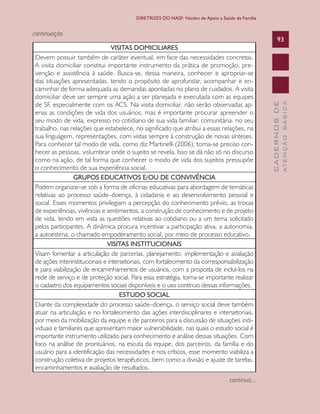 CADERNOSDE
ATENÇÃOBÁSICA
93
DIRETRIZES DO NASF: Núcleo de Apoio a Saúde da Família
VISITAS DOMICILIARES
Devem possuir também de caráter eventual, em face das necessidades concretas.
A visita domiciliar constitui importante instrumento da prática de promoção, pre-
venção e assistência à saúde. Busca-se, dessa maneira, conhecer e apropriar-se
das situações apresentadas, tendo o propósito de aprofundar, acompanhar e en-
caminhar de forma adequada as demandas apontadas no plano de cuidados. A visita
domiciliar deve ser sempre uma ação a ser planejada e executada com as equipes
de SF, especialmente com os ACS. Na visita domiciliar, não serão observadas ap-
enas as condições de vida dos usuários, mas é importante procurar apreender o
seu modo de vida, expresso no cotidiano de sua vida familiar, comunitária, no seu
trabalho, nas relações que estabelece, no significado que atribui a essas relações, na
sua linguagem, representações, com vistas sempre à construção de novas sínteses.
Para conhecer tal modo de vida, como diz Martinelli (2006), torna-se preciso con-
hecer as pessoas, vislumbrar onde o sujeito se revela. Isso se dá não só no discurso
como na ação, de tal forma que conhecer o modo de vida dos sujeitos pressupõe
o conhecimento de sua experiência social.
GRUPOS EDUCATIVOS E/OU DE CONVIVÊNCIA
Podem organizar-se sob a forma de oficinas educativas para abordagem de temáticas
relativas ao processo saúde–doença, à cidadania e ao desenvolvimento pessoal e
social. Esses momentos privilegiam a percepção do conhecimento prévio, as trocas
de experiências, vivências e sentimentos, a construção de conhecimento e de projeto
de vida, tendo em vista as questões relativas ao cotidiano ou a um tema solicitado
pelos participantes. A dinâmica procura incentivar a participação ativa, a autonomia,
a autoestima, o chamado empoderamento social, por meio de processo educativo.
VISITAS INSTITUCIONAIS
Visam fomentar a articulação de parcerias, planejamento, implementação e avaliação
de ações interinstitucionais e intersetoriais, com fortalecimento da corresponsabilização
e para viabilização de encaminhamentos de usuários, com a proposta de incluí-los na
rede de serviço e de proteção social. Para essa estratégia, torna-se importante realizar
o cadastro dos equipamentos sociais disponíveis e o uso contínuo dessas informações.
ESTUDO SOCIAL
Diante da complexidade do processo saúde–doença, o serviço social deve também
atuar na articulação e no fortalecimento das ações interdisciplinares e intersetoriais,
por meio da mobilização da equipe e de parceiros para a discussão de situações indi-
viduais e familiares que apresentam maior vulnerabilidade, nas quais o estudo social é
importante instrumento utilizado para conhecimento e análise dessas situações. Com
foco na análise de prontuários, na escuta da equipe, dos parceiros, da família e do
usuário para a identificação das necessidades e nos críticos, esse momento viabiliza a
construção coletiva de projetos terapêuticos, bem como a divisão e ajuste de tarefas,
encaminhamentos e avaliação de resultados.
continuação
continua...
CAB 27 Diretrizes do NASF.indd 93 3/8/2010 00:01:20
 
