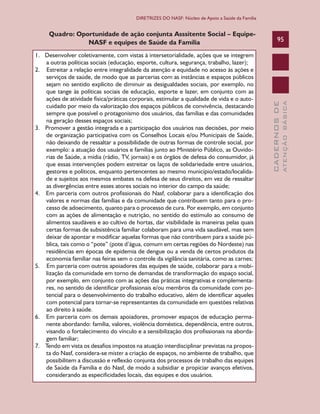 CADERNOSDE
ATENÇÃOBÁSICA
95
DIRETRIZES DO NASF: Núcleo de Apoio a Saúde da Família
Quadro: Oportunidade de ação conjunta Asssitente Social – Equipe-
NASF e equipes de Saúde da Família
1. Desenvolver coletivamente, com vistas à intersetorialidade, ações que se integrem
a outras políticas sociais (educação, esporte, cultura, segurança, trabalho, lazer);
2. Estreitar a relação entre integralidade da atenção e equidade no acesso às ações e
serviços de saúde, de modo que as parcerias com as instâncias e espaços públicos
sejam no sentido explícito de diminuir as desigualdades sociais, por exemplo, no
que tange às políticas sociais de educação, esporte e lazer, em conjunto com as
ações de atividade física/práticas corporais, estimular a qualidade de vida e o auto-
cuidado por meio da valorização dos espaços públicos de convivência, destacando
sempre que possível o protagonismo dos usuários, das famílias e das comunidades
na geração desses espaços sociais;
3. Promover a gestão integrada e a participação dos usuários nas decisões, por meio
de organização participativa com os Conselhos Locais e/ou Municipais de Saúde,
não deixando de ressaltar a possibilidade de outras formas de controle social, por
exemplo: a atuação dos usuários e famílias junto ao Ministério Público, as Ouvido-
rias de Saúde, a mídia (rádio, TV, jornais) e os órgãos de defesa do consumidor, já
que essas intervenções podem estreitar os laços de solidariedade entre usuários,
gestores e políticos, enquanto pertencentes ao mesmo município/estado/localida-
de e sujeitos aos mesmos embates na defesa de seus direitos, em vez de ressaltar
as divergências entre esses atores sociais no interior do campo da saúde;
4. Em parceria com outros profissionais do Nasf, colaborar para a identificação dos
valores e normas das famílias e da comunidade que contribuem tanto para o pro-
cesso de adoecimento, quanto para o processo de cura. Por exemplo, em conjunto
com as ações de alimentação e nutrição, no sentido do estímulo ao consumo de
alimentos saudáveis e ao cultivo de hortas, dar visibilidade às maneiras pelas quais
certas formas de subsistência familiar colaboram para uma vida saudável, mas sem
deixar de apontar e modificar aquelas formas que não contribuem para a saúde pú-
blica, tais como o “pote” (pote d’água, comum em certas regiões do Nordeste) nas
residências em épocas de epidemia de dengue ou a venda de certos produtos da
economia familiar nas feiras sem o controle da vigilância sanitária, como as carnes;
5. Em parceria com outros apoiadores das equipes de saúde, colaborar para a mobi-
lização da comunidade em torno de demandas de transformação do espaço social,
por exemplo, em conjunto com as ações das práticas integrativas e complementa-
res, no sentido de identificar profissionais e/ou membros da comunidade com po-
tencial para o desenvolvimento do trabalho educativo, além de identificar aqueles
com potencial para tornar-se representantes da comunidade em questões relativas
ao direito à saúde.
6. Em parceria com os demais apoiadores, promover espaços de educação perma-
nente abordando: família, valores, violência doméstica, dependência, entre outros,
visando o fortalecimento do vínculo e a sensibilização dos profissionais na aborda-
gem familiar;
7. Tendo em vista os desafios impostos na atuação interdisciplinar previstas na propos-
ta do Nasf, considera-se mister a criação de espaços, no ambiente de trabalho, que
possibilitem a discussão e reflexão conjunta dos processos de trabalho das equipes
de Saúde da Família e do Nasf, de modo a subsidiar e propiciar avanços efetivos,
considerando as especificidades locais, das equipes e dos usuários.
CAB 27 Diretrizes do NASF.indd 95 3/8/2010 00:01:20
 