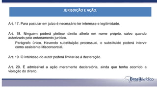 Art. 17. Para postular em juízo é necessário ter interesse e legitimidade.
Art. 18. Ninguem poderá pleitear direito alheio em nome próprio, salvo quando
autorizado pelo ordenamento jurídico.
Parágrafo único. Havendo substituição processual, o substituído poderá intervir
como assistente litisconsorcial.
Art. 19. O interesse do autor poderá limitar-se à declaração.
Art. 20. É admissível a ação meramente declaratória, ainda que tenha ocorrido a
violação do direito.
JURISDIÇÃO E AÇÃO.
 