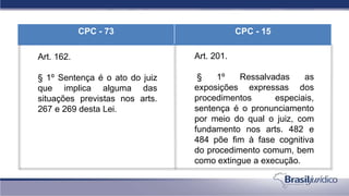 CPC - 73 CPC - 15
Art. 162.
§ 1º Sentença é o ato do juiz
que implica alguma das
situações previstas nos arts.
267 e 269 desta Lei.
Art. 201.
§ 1º Ressalvadas as
exposições expressas dos
procedimentos especiais,
sentença é o pronunciamento
por meio do qual o juiz, com
fundamento nos arts. 482 e
484 põe fim à fase cognitiva
do procedimento comum, bem
como extingue a execução.
 