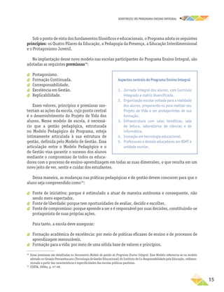 DIRETRIZES DO PROGRAMA ENSINO INTEGRAL
15
Sob o ponto de vista dos fundamentos filosóficos e educacionais, o Programa adota os seguintes
princípios: os Quatro Pilares da Educação, a Pedagogia da Presença, a Educação Interdimensional
e o Protagonismo Juvenil.
Na implantação desse novo modelo nas escolas participantes do Programa Ensino Integral, são
adotadas as seguintes premissas18
:
a
a Protagonismo.
a
a Formação Continuada.
a
a Corresponsabilidade.
a
a Excelência em Gestão.
a
a Replicabilidade.
Esses valores, princípios e premissas sus-
tentam as ações da escola, cujo ponto central
é o desenvolvimento do Projeto de Vida dos
alunos. Nesse modelo de escola, é necessá-
rio que a gestão pedagógica, estruturada
no Modelo Pedagógico do Programa, esteja
intimamente articulada à sua estrutura de
gestão, definida pelo Modelo de Gestão. Essa
articulação entre o Modelo Pedagógico e o
de Gestão visa garantir o sucesso dos alunos
mediante o compromisso de todos os educa-
dores com o processo de ensino-aprendizagem em todas as suas dimensões, o que resulta em um
novo jeito de ver, sentir e cuidar dos estudantes.
Dessa maneira, as mudanças nas práticas pedagógicas e de gestão devem concorrer para que o
aluno seja compreendido como19
:
a
a Fonte de iniciativa: porque é estimulado a atuar de maneira autônoma e consequente, não
sendo mero espectador.
a
a Fonte de liberdade: porque tem oportunidades de avaliar, decidir e escolher.
a
a Fonte de compromisso: porque aprende a ser e é responsável por suas decisões, constituindo-se
protagonista de suas próprias ações.
Para tanto, a escola deve assegurar:
a
a Formação acadêmica de excelência: por meio de práticas eficazes de ensino e de processos de
aprendizagem mensuráveis.
a
a Formação para a vida: por meio de uma sólida base de valores e princípios.
18
Essas premissas são detalhadas no documento Modelo de gestão do Programa Ensino Integral. Esse Modelo referencia-se no modelo
adotado no Ginásio Pernambucano (Tecnologia de Gestão Educacional) do Instituto de Co-Responsabilidade pela Educação, redimen-
sionado a partir das características e especificidades das escolas públicas paulistas.
19
COSTA, 2006a, p. 47-48.
Aspectos centrais do Programa Ensino Integral
1. Jornada integral dos alunos, com Currículo
integrado e matriz diversificada.
2. Organização escolar voltada para a realidade
dos alunos, preparando-os para realizar seu
Projeto de Vida e ser protagonistas de sua
formação.
3. Infraestrutura com salas temáticas, sala
de leitura, laboratórios de ciências e de
informática.
4. Inovação em tecnologia educacional.
5. Professores e demais educadores em RDPI à
unidade escolar.
 