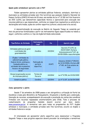 Quem pode estabelecer parceria com o PST
Podem apresentar pleitos as entidades públicas federais, estaduais, distritais e
municipais ou entidades privadas sem fins lucrativos que possuam Cadastro Nacional de
Pessoa Jurídica (CNPJ) há mais de 03 anos, nos moldes da Lei nº 12.381 de 9 de fevereiro
de 2011 (LOA), que demonstrem capacidade técnica e operacional para execução dos
recursos públicos e que desenvolvam, conforme os respectivos regimentos ou estatutos e
declarações solicitadas, ações de caráter esportivo (cultural, educacional e/ou social).
A descentralização da execução no âmbito do Segundo Tempo se consolida por
meio de parcerias formalizadas a partir de instrumentos legais especificados na tabela a
seguir, conforme a esfera e o tipo de órgão/entidade selecionada:
Tipo/Esfera da Entidade
Instrumento
Legal
Via Aparato Legal
Entidades públicas em geral
e entidades não
governamentais
Convênio SICONV
Decreto nº 6.170, de
25/07/2007, Portaria
Interministerial nº 127, de
29/05/2008 e suas alterações
Órgãos / entidades da
administração pública
federal direta, autárquica,
fundação pública ou
entidades dos orçamentos
fiscais e da seguridade
social
Publicação de
portaria
específica
SIAFI
Comunica SIAGS nº 051233,
de 31/12/2008 e Portaria ME
nº 183, de 5 de outubro de
2006
Oscips (organizações sociais
de interesse público)
Termos de
Parceria
SICONV Lei nº 9.790, de 23/03/1999
Consórcio público Convênio SICONV Lei nº 11.107, de 06/04/2005
Como apresentar o pleito
Desde 1° de setembro de 2008 passou a ser obrigatória a utilização do Portal de
Convênios criado pelo Ministério do Planejamento, Orçamento e Gestão para celebração,
liberação de recursos, acompanhamento da execução e prestação de contas dos convênios
firmados com recursos repassados voluntariamente pela União. Todo o processo de
cadastramento de propostas também deverá ocorrer por meio deste:
www.convenios.gov.br. A normativa vale para todos os proponentes do PST: órgãos
estaduais e municipais, e entidades privadas sem fins lucrativos, exceto os órgãos e
entidades federais e oscips.
O interessado em apresentar pleito específico para desenvolver o Programa
Segundo Tempo e seus projetos especiais deverá proceder às orientações e normativas
34
 
