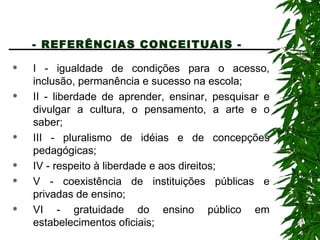 - REFERÊNCIAS CONCEITUAIS -   I - igualdade de condições para o acesso, inclusão, permanência e sucesso na escola; II - liberdade de aprender, ensinar, pesquisar e divulgar a cultura, o pensamento, a arte e o saber; III - pluralismo de idéias e de concepções pedagógicas; IV - respeito à liberdade e aos direitos; V - coexistência de instituições públicas e privadas de ensino; VI - gratuidade do ensino público em estabelecimentos oficiais; 