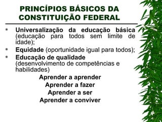 PRINCÍPIOS BÁSICOS DA CONSTITUIÇÃO FEDERAL Universalização da educação básica  (educação para todos sem limite de idade); Equidade  (oportunidade igual para todos); Educação de qualidade  (desenvolvimento de competências e habilidades) Aprender a aprender Aprender a fazer Aprender a ser Aprender a conviver 