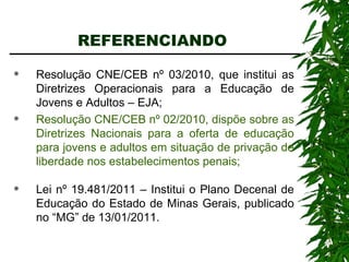 REFERENCIANDO  Resolução CNE/CEB nº 03/2010, que institui as Diretrizes Operacionais para a Educação de Jovens e Adultos – EJA; Resolução CNE/CEB nº 02/2010, dispõe sobre as Diretrizes Nacionais para a oferta de educação para jovens e adultos em situação de privação de liberdade nos estabelecimentos penais; Lei nº 19.481/2011 – Institui o Plano Decenal de Educação do Estado de Minas Gerais, publicado no “MG” de 13/01/2011. 
