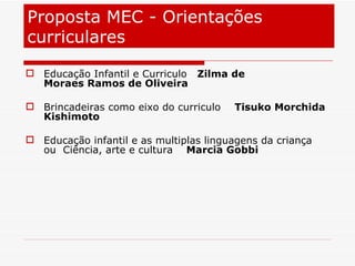 Proposta MEC - Orientações curriculares Educação Infantil e Curriculo    Zilma de Moraes Ramos de Oliveira        Brincadeiras como eixo do curriculo     Tisuko Morchida Kishimoto    Educação infantil e as multiplas linguagens da criança  ou  Ciência, arte e cultura     Marcia Gobbi    