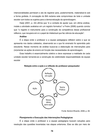 78
intencionalidades permeiam o ato de registrar para, posteriormente, materializá-lo sob
a forma grafada. A concepção do BIA reclama este compromisso de toda a unidade
escolar com todos os sujeitos para a democratização da aprendizagem.
Hadji (2001, p. 22) afirma que “é a vontade de ajudar que, em última análise,
instala a atividade avaliativa em um registro formativo” e Freire (2006) quando conclui
que “o registro é instrumento para a construção da competência desse profissional
reflexivo, que recupera em si o papel de intelectual que faz ciência da educação”.
Análise
É a etapa onde o professor e a equipe pedagógica refletem sobre o que se
apresenta nos dados coletados, observando se o que foi ensinado foi aprendido pelo
estudante. Nesse momento de análise busca-se a elaboração de intervenções para
(re)orientar as ações de ensino em função das necessidades de aprendizagem.
Esse trabalho é essencialmente coletivo e deve expressar a realidade de cada
unidade escolar tornando-se a construção da coletividade responsabilidade da equipe
escolar
Relação entre a ação e a reflexão do professor pesquisador
Fonte: Bortoni-Ricardo, 2008, p. 48.
Planejamento e Execução das Intervenções Pedagógicas
É a etapa onde o professor e a equipe pedagógica buscam soluções para
resolução das questões levantadas nas etapas anteriores. Elas se dão por meio de
Reflexão
em ação
Teoria
Prática
Novas
ideias
para ação
Ação
 