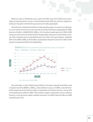 Observa-se que a inflexão da curva, a partir de 2003, teve como influência as estra-tégias 
de desarmamento no país, incrementadas desde 2005 por políticas regionais e 
estaduais. A queda é semelhante à que ocorreu em toda a população. 
Se dividirmos o total de homicídios em dois grandes grupos: os juvenis e os não juve- 
ŶŝƐ͕ĐŽŵŵĞŶŽƐĚĞϭϱĂŶŽƐŽƵĐŽŵŵĂŝƐĚĞϮϰ͕ƚĞŶĚŽĐŽŵŽďĂƐĞĂƉŽƉƵůĂĕĆŽĚĞϭϵϵϲ͕ 
ƚĞƌĞŵŽƐŽ'ƌĄĮĐŽϰ (WAISELFISZ, 2008, p. 14). A análise ressalta que entre 1996 e 2003 
ŚŽƵǀĞƵŵĐƌĞƐĐŝŵĞŶƚŽĚĂǀŝŽůġŶĐŝĂůĞƚĂů͘EĂƉŽƉƵůĂĕĆŽŶĆŽũŽǀĞŵŽƐŚŽŵŝĐşĚŝŽƐĐƌĞƐĐĞ- 
ƌĂŵϮϮй͕ĞŶƋƵĂŶƚŽƋƵĞŶĂƉŽƉƵůĂĕĆŽũŽǀĞŵĞƐƐĞşŶĚŝĐĞŵĂŝƐƋƵĞĚƵƉůŝĐŽƵ͕ĂƟŶŐŝŶĚŽ 
ϱϬй͘ŶƚƌĞϮϬϬϰĞϮϬϬϲ͕ŽƐŚŽŵŝĐşĚŝŽƐŶĂƉŽƉƵůĂĕĆŽŶĆŽũŽǀĞŵĐĂşƌĂŵĞŵϱ͕ϴйĞĞŶƚƌĞ 
ŽƐũŽǀĞŶƐĂƋƵĞĚĂĚĞϭϯйĨŽŝŵĂŝƐƐŝŐŶŝĮĐĂƟǀĂ͘ 
Gráfico 4 Índice de crescimento dos homicídios jovens e não jovens. 
Brasil - 1996/2006 - Ano Base: 1998-100 
NÃO JOVEM 
JOVEM 
160 - 
150 - 
140 - 
130 - 
120 - 
110 - 
100 - 
130 
136 
141 
116 115 115 
150 
122 
146 
118 
137 
116 
133 
108 
120 
104 106 
116 
102 
108 
100 
1996 1997 1998 1999 2000 2001 2002 2003 2004 2005 2006 
Ano 
Fonte: Microdados SIM//SVS/MS 
WŽƌŽƵƚƌŽůĂĚŽ͕ŶĂƐĠƌŝĞŚŝƐƚſƌŝĐĂĚŽƐ'ƌĄĮĐŽƐϱĞϲƐŽďƌĞĂƚĂǆĂĚĞŚŽŵŝĐşĚŝŽƐ͕ƐĞǆŽ 
Índice 
ĞƌĂĕĂͬĐŽƌĚĂǀşƟŵĂ;Z^/͕ϮϬϬϴĐ͕Ɖ͘ϮϬͿ͕ĞǀŝĚĞŶĐŝĂͲƐĞƋƵĞ͕ĞŵϮϬϬϬ͕ĂƚĂǆĂĚĞŚŽŵŝ- 
cídios proporcional em homens negros, comparada a de homens brancos, era de 51% 
aumentando para 119% em 2006. Nas mulheres negras, comparadas com as mulheres 
brancas, o risco de morte repete o padrão masculino: em 2002 a taxa era 20%; em 2006 
aumentou para 71%. 
27 
 