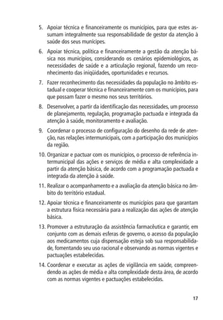 5.	 Apoiar técnica e financeiramente os municípios, para que estes as-
    sumam integralmente sua responsabilidade de gestor da atenção à
    saúde dos seus munícipes.
6.	 Apoiar técnica, política e financeiramente a gestão da atenção bá-
    sica nos municípios, considerando os cenários epidemiológicos, as
    necessidades de saúde e a articulação regional, fazendo um reco-
    nhecimento das iniqüidades, oportunidades e recursos.
7.	 Fazer reconhecimento das necessidades da população no âmbito es-
    tadual e cooperar técnica e financeiramente com os municípios, para
    que possam fazer o mesmo nos seus territórios.
8.	 Desenvolver, a partir da identificação das necessidades, um processo
    de planejamento, regulação, programação pactuada e integrada da
    atenção à saúde, monitoramento e avaliação.
9.	 Coordenar o processo de configuração do desenho da rede de aten-
    ção, nas relações intermunicipais, com a participação dos municípios
    da região.
10.	Organizar e pactuar com os municípios, o processo de referência in-
    termunicipal das ações e serviços de média e alta complexidade a
    partir da atenção básica, de acordo com a programação pactuada e
    integrada da atenção à saúde.
11.	Realizar o acompanhamento e a avaliação da atenção básica no âm-
    bito do território estadual.
12.	Apoiar técnica e financeiramente os municípios para que garantam
    a estrutura física necessária para a realização das ações de atenção
    básica.
13.	Promover a estruturação da assistência farmacêutica e garantir, em
    conjunto com as demais esferas de governo, o acesso da população
    aos medicamentos cuja dispensação esteja sob sua responsabilida-
    de, fomentando seu uso racional e observando as normas vigentes e
    pactuações estabelecidas.
14.	Coordenar e executar as ações de vigilância em saúde, compreen-
    dendo as ações de média e alta complexidade desta área, de acordo
    com as normas vigentes e pactuações estabelecidas.


                                                                     17
 