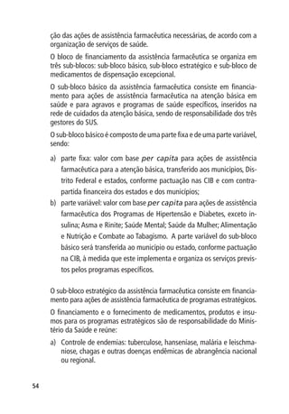 ção das ações de assistência farmacêutica necessárias, de acordo com a
     organização de serviços de saúde.
     O bloco de financiamento da assistência farmacêutica se organiza em
     três sub-blocos: sub-bloco básico, sub-bloco estratégico e sub-bloco de
     medicamentos de dispensação excepcional.
     O sub-bloco básico da assistência farmacêutica consiste em financia-
     mento para ações de assistência farmacêutica na atenção básica em
     saúde e para agravos e programas de saúde específicos, inseridos na
     rede de cuidados da atenção básica, sendo de responsabilidade dos três
     gestores do SUS.
     O sub-bloco básico é composto de uma parte fixa e de uma parte variável,
     sendo:
     a)	 parte fixa: valor com base per capita para ações de assistência
         farmacêutica para a atenção básica, transferido aos municípios, Dis-
         trito Federal e estados, conforme pactuação nas CIB e com contra-
         partida financeira dos estados e dos municípios;
     b)	 parte variável: valor com base per capita para ações de assistência
         farmacêutica dos Programas de Hipertensão e Diabetes, exceto in-
         sulina; Asma e Rinite; Saúde Mental; Saúde da Mulher; Alimentação
         e Nutrição e Combate ao Tabagismo. A parte variável do sub-bloco
         básico será transferida ao município ou estado, conforme pactuação
         na CIB, à medida que este implementa e organiza os serviços previs-
         tos pelos programas específicos.

     O sub-bloco estratégico da assistência farmacêutica consiste em financia-
     mento para ações de assistência farmacêutica de programas estratégicos.
     O financiamento e o fornecimento de medicamentos, produtos e insu-
     mos para os programas estratégicos são de responsabilidade do Minis-
     tério da Saúde e reúne:
     a)	 Controle de endemias: tuberculose, hanseníase, malária e leischma-
         niose, chagas e outras doenças endêmicas de abrangência nacional
         ou regional.


54
 