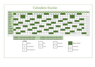 1
Legenda:
Dia letivo F Férias PL Planejamento Sábado e Domingo
IB Início do Bimestre FE Feriado AF Avaliação Final X Dia Inexistente
TB Término do Bimestre RE Recesso Escolar
Mês/Dia 1 2 3 4 5 6 7 8 9 10 11 12 13 14 15 16 17 18 19 20 21 22 23 24 25 26 27 28 29 30 31 TOTAL
JANEIRO F F F F F F F F F F F F F F F F F F F F F F
FEVEREIRO PL PL PL IB FE FE X X X 15
MARÇO FE 22
ABRIL FE TB IB FE X 18
MAIO FE 22
JUNHO FE TB RE RE RE RE RE RE x 15
JULHO RE RE RE RE RE PL PL IB 14
AGOSTO 23
SETEMBRO FE TB IB x 20
OUTUBRO FE 21
NOVEMBRO FE FE x 20
DEZEMBRO FE TB AF FE AF AF F F 14
204
1º BIMESTRE 47 DIAS LETIVOS Período 06/02 a 17/04/17 3º BIMESTRE 55 DIAS LETIVOS Período 12/07 a 27/09/17
2º BIMESTRE 45 DIAS LETIVOS Período 18/04a 22/06/16 4º BIMESTRE 57 DIAS LETIVOS Período 28/09 a21/12/17
Calendário Escolar
 