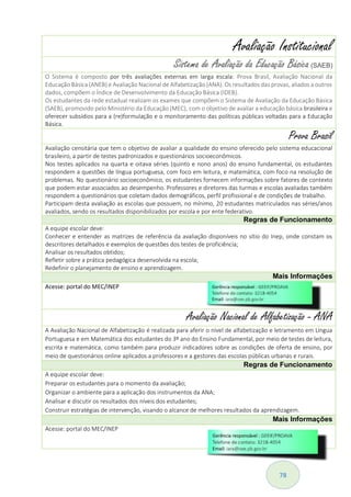 78
Avaliação Institucional
Sistema de Avaliação da Educação Básica(SAEB)
O Sistema é composto por três avaliações externas em larga escala: Prova Brasil, Avaliação Nacional da
Educação Básica (ANEB) e Avaliação Nacional de Alfabetização (ANA). Os resultados das provas, aliados a outros
dados, compõem o Índice de Desenvolvimento da Educação Básica (IDEB).
Os estudantes da rede estadual realizam os exames que compõem o Sistema de Avaliação da Educação Básica
(SAEB), promovido pelo Ministério da Educação (MEC), com o objetivo de avaliar a educação básica brasileira e
oferecer subsídios para a (re)formulação e o monitoramento das políticas públicas voltadas para a Educação
Básica.
Prova Brasil
Avaliação censitária que tem o objetivo de avaliar a qualidade do ensino oferecido pelo sistema educacional
brasileiro, a partir de testes padronizados e questionários socioeconômicos.
Nos testes aplicados na quarta e oitava séries (quinto e nono anos) do ensino fundamental, os estudantes
respondem a questões de língua portuguesa, com foco em leitura, e matemática, com foco na resolução de
problemas. No questionário socioeconômico, os estudantes fornecem informações sobre fatores de contexto
que podem estar associados ao desempenho. Professores e diretores das turmas e escolas avaliadas também
respondem a questionários que coletam dados demográficos, perfil profissional e de condições de trabalho.
Participam desta avaliação as escolas que possuem, no mínimo, 20 estudantes matriculados nas séries/anos
avaliados, sendo os resultados disponibilizados por escola e por ente federativo.
Regras de Funcionamento
A equipe escolar deve:
Conhecer e entender as matrizes de referência da avaliação disponíveis no sítio do Inep, onde constam os
descritores detalhados e exemplos de questões dos testes de proficiência;
Analisar os resultados obtidos;
Refletir sobre a prática pedagógica desenvolvida na escola;
Redefinir o planejamento de ensino e aprendizagem.
Mais Informações
Acesse: portal do MEC/INEP
Avaliação Nacional de Alfabetização - ANA
A Avaliação Nacional de Alfabetização é realizada para aferir o nível de alfabetização e letramento em Língua
Portuguesa e em Matemática dos estudantes do 3º ano do Ensino Fundamental, por meio de testes de leitura,
escrita e matemática, como também para produzir indicadores sobre as condições de oferta de ensino, por
meio de questionários online aplicados a professores e a gestores das escolas públicas urbanas e rurais.
Regras de Funcionamento
A equipe escolar deve:
Preparar os estudantes para o momento da avaliação;
Organizar o ambiente para a aplicação dos instrumentos da ANA;
Analisar e discutir os resultados dos níveis dos estudantes;
Construir estratégias de intervenção, visando o alcance de melhores resultados da aprendizagem.
Mais Informações
Acesse: portal do MEC/INEP
 