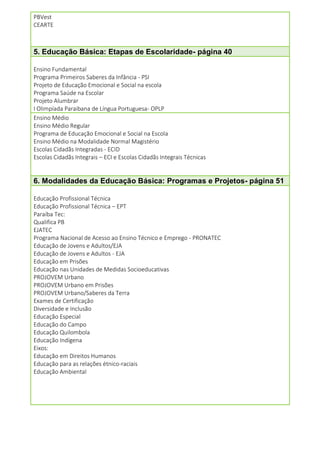 8
PBVest
CEARTE
5. Educação Básica: Etapas de Escolaridade- página 40
Ensino Fundamental
Programa Primeiros Saberes da Infância - PSI
Projeto de Educação Emocional e Social na escola
Programa Saúde na Escolar
Projeto Alumbrar
I Olimpíada Paraibana de Língua Portuguesa- OPLP
Ensino Médio
Ensino Médio Regular
Programa de Educação Emocional e Social na Escola
Ensino Médio na Modalidade Normal Magistério
Escolas Cidadãs Integradas - ECID
Escolas Cidadãs Integrais – ECI e Escolas Cidadãs Integrais Técnicas
6. Modalidades da Educação Básica: Programas e Projetos- página 51
Educação Profissional Técnica
Educação Profissional Técnica – EPT
Paraíba Tec:
Qualifica PB
EJATEC
Programa Nacional de Acesso ao Ensino Técnico e Emprego - PRONATEC
Educação de Jovens e Adultos/EJA
Educação de Jovens e Adultos - EJA
Educação em Prisões
Educação nas Unidades de Medidas Socioeducativas
PROJOVEM Urbano
PROJOVEM Urbano em Prisões
PROJOVEM Urbano/Saberes da Terra
Exames de Certificação
Diversidade e Inclusão
Educação Especial
Educação do Campo
Educação Quilombola
Educação Indígena
Eixos:
Educação em Direitos Humanos
Educação para as relações étnico-raciais
Educação Ambiental
 
