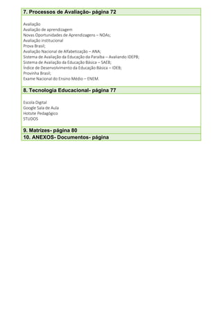 9
7. Processos de Avaliação- página 72
Avaliação
Avaliação de aprendizagem
Novas Oportunidades de Aprendizagens – NOAs;
Avaliação institucional
Prova Brasil;
Avaliação Nacional de Alfabetização – ANA;
Sistema de Avaliação da Educação da Paraíba – Avaliando IDEPB;
Sistema de Avaliação da Educação Básica – SAEB;
Índice de Desenvolvimento da Educação Básica – IDEB;
Provinha Brasil;
Exame Nacional do Ensino Médio – ENEM.
8. Tecnologia Educacional- página 77
Escola Digital
Google Sala de Aula
Hotsite Pedagógico
STUDOS
9. Matrizes- página 80
10. ANEXOS- Documentos- página
 