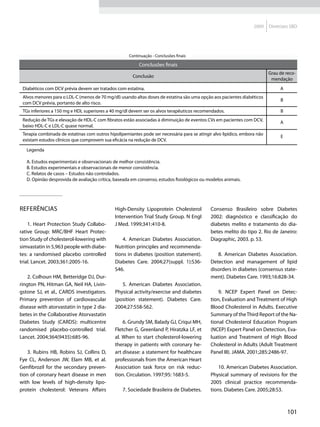 2009    Diretrizes SBD




                                                     Continuação - Conclusões finais

                                                          Conclusões finais
                                                                                                                           Grau de reco-
                                                       Conclusão
                                                                                                                            mendação
 Diabéticos com DCV prévia devem ser tratados com estatina.                                                                     A
 Alvos menores para o LDL-C (menos de 70 mg/dl) usando altas doses de estatina são uma opção aos pacientes diabéticos
                                                                                                                                B
 com DCV prévia, portanto de alto risco.
 TGs inferiores a 150 mg e HDL superiores a 40 mg/dl devem ser os alvos terapêuticos recomendados.                              B
 Redução de TGs e elevação de HDL-C com fibratos estão associadas à diminuição de eventos CVs em pacientes com DCV,
                                                                                                                                A
 baixo HDL-C e LDL-C quase normal.
 Terapia combinada de estatinas com outros hipolipemiantes pode ser necessária para se atingir alvo lipídico, embora não
                                                                                                                                E
 existam estudos clínicos que comprovem sua eficácia na redução de DCV.

   Legenda

   A. Estudos experimentais e observacionais de melhor consistência.
   B. Estudos experimentais e observacionais de menor consistência.
   C. Relatos de casos – Estudos não controlados.
   D. Opinião desprovida de avaliação crítica, baseada em consenso, estudos fisiológicos ou modelos animais.




Referências                                   High-Density Lipoprotein Cholesterol           Consenso Brasileiro sobre Diabetes
                                              Intervention Trial Study Group. N Engl         2002: diagnóstico e classificação do
    1. Heart Protection Study Collabo-        J Med. 1999;341:410-8.                         diabetes melito e tratamento do dia-
rative Group: MRC/BHF Heart Protec-                                                          betes melito do tipo 2. Rio de Janeiro:
tion Study of cholesterol-lowering with           4. American Diabetes Association.          Diagraphic, 2003. p. 53.
simvastatin in 5,963 people with diabe-       Nutrition principles and recommenda-
tes: a randomised placebo controlled          tions in diabetes (position statement).           8. American Diabetes Association.
trial. Lancet. 2003;361:2005-16.              Diabetes Care. 2004;27(suppl. 1):S36-          Detection and management of lipid
                                              S46.                                           disorders in diabetes (consensus state-
    2. Colhoun HM, Betteridge DJ, Dur-                                                       ment). Diabetes Care. 1993;16:828-34.
rington PN, Hitman GA, Neil HA, Livin-           5. American Diabetes Association.
gstone SJ, et al., CARDS investigators.       Physical activity/exercise and diabetes            9. NCEP Expert Panel on Detec-
Primary prevention of cardiovascular          (position statement). Diabetes Care.           tion, Evaluation and Treatment of High
disease with atorvastatin in type 2 dia-      2004;27:S58-S62.                               Blood Cholesterol in Adults. Executive
betes in the Collaborative Atorvastatin                                                      Summary of the Third Report of the Na-
Diabetes Study (CARDS): multicentre               6. Grundy SM, Balady GJ, Criqui MH,        tional Cholesterol Education Program
randomised placebo-controlled trial.          Fletcher G, Greenland P, Hiratzka LF, et       (NCEP) Expert Panel on Detection, Eva-
Lancet. 2004;364(9435):685-96.                al. When to start cholesterol-lowering         luation and Treatment of High Blood
                                              therapy in patients with coronary he-          Cholesterol in Adults (Adult Treatment
    3. Rubins HB, Robins SJ, Collins D,       art disease: a statement for healthcare        Panel III). JAMA. 2001;285:2486-97.
Fye CL, Anderson JW, Elam MB, et al.          professionals from the American Heart
Genfibrozil for the secondary preven-         Association task force on risk reduc-              10. American Diabetes Association.
tion of coronary heart disease in men         tion. Circulation. 1997;95: 1683-5.            Physical summary of revisions for the
with low levels of high-density lipo-                                                        2005 clinical practice recommenda-
protein cholesterol: Veterans Affairs             7. Sociedade Brasileira de Diabetes.       tions. Diabetes Care. 2005;28:S3.



                                                                                                                                    101
 