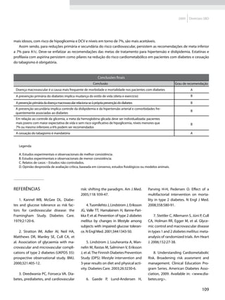 2009   Diretrizes SBD




mais idosos, com risco de hipoglicemia e DCV e níveis em torno de 7%, são mais aceitáveis.
   Assim sendo, para reduções primária e secundária do risco cardiovascular, persistem as recomendações de meta inferior
a 7% para A1c. Deve-se enfatizar as recomendações das metas de tratamento para hipertensão e dislipidemia. Estatinas e
profilaxia com aspirina persistem como pilares na redução do risco cardiometabólico em pacientes com diabetes e cessação
do tabagismo é obrigatória.



                                                               Conclusões finais
                                                           Conclusão                                               Grau de recomendação
 Doença macrovascular é a causa mais frequente de morbidade e mortalidade nos pacientes com diabetes                         A
 A prevenção primária do diabetes implica mudança do estilo de vida (dieta e exercício)                                       B

 A prevenção primária da doença macrovascular relaciona-se à própria prevenção do diabetes                                    B
 A prevenção secundária implica controle da dislipidemia e da hipertensão arterial e comorbidades fre-
                                                                                                                              B
 quentemente associadas ao diabetes
 Em relação ao controle da glicemia, a meta da hemoglobina glicada deve ser individualizada: pacientes
 mais jovens com maior expectativa de vida e sem risco significativo de hipoglicemia, níveis menores que                      B
 7% ou mesmo inferiores a 6% podem ser recomendados
 A cessação do tabagismo é mandatória                                                                                        A


   Legenda

   A. Estudos experimentais e observacionais de melhor consistência.
   B. Estudos experimentais e observacionais de menor consistência.
   C. Relatos de casos – Estudos não controlados.
   D. Opinião desprovida de avaliação crítica, baseada em consenso, estudos fisiológicos ou modelos animais.




Referências                                       risk: shifting the paradigm. Am J Med.        Parving H-H, Pedersen O. Effect of a
                                                  2005;118: 939-47.                             multifactorial intervention on morta-
    1. Kannel WB, McGee DL. Diabe-                                                              lity in type 2 diabetes. N Engl J Med.
tes and glucose tolerance as risk fac-                4. Tuomilehto J, Lindstrom J, Eriksson    2008;358:580-91.
tors for cardiovascular disease: the              JG, Valle TT, Hamalainen H, Ilanne-Pari-
Framingham Study. Diabetes Care.                  kka P, et al. Prevention of type 2 diabetes       7. Stettler C, Allemann S, Jüni P, Cull
1979;2:120-6.                                     mellitus by changes in lifestyle among        CA, Holman RR, Egger M, et al. Glyce-
                                                  subjects with impaired glucose toleran-       mic control and macrovascular disease
    2. Stratton IM, Adler AI, Neil HA,            ce. N Engl Med. 2001;344:1343-50.             in types 1 and 2 diabetes mellitus: meta-
Matthews DR, Manley SE, Cull CA, et                                                             analysis of randomized trials. Am Heart
al. Association of glycaemia with ma-                  5. Lindstrom J, Louheranta A, Man-       J. 2006;152:27-38.
crovascular and microvascular compli-             nelin M, Rastas M, Salminen V, Eriksson
cations of type 2 diabetes (UKPDS 35):            J, et al. The Finnish Diabetes Prevention         8. Understanding Cardiometabolic
prospective observational study. BMJ.             Study (DPS): lifestyle intervention and       Risk. Broadening risk assesment and
2000;321:405-12.                                  3-year results on diet and physical acti-     management. Clinical Education Pro-
                                                  vity. Diabetes Care. 2003;26:3230-6.          gram Series. American Diabetes Asso-
   3. Deedwania PC, Fonseca VA. Dia-                                                            ciation, 2009. Available in: <www.dia-
betes, prediabetes, and cardiovascular                6. Gaede P, Lund-Andersen H,              betes.org>.

                                                                                                                                      109
 