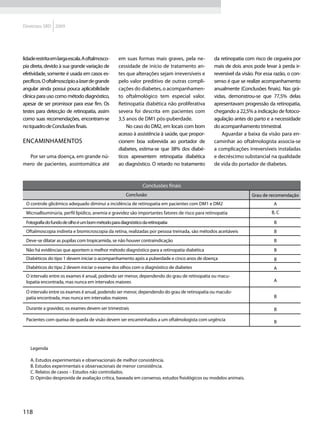 Diretrizes SBD 2009




lidade restrita em larga escala. A oftalmosco-    em suas formas mais graves, pela ne-          da retinopatia com risco de cegueira por
pia direta, devido à sua grande variação de       cessidade de início de tratamento an-         mais de dois anos pode levar à perda ir-
efetividade, somente é usada em casos es-         tes que alterações sejam irreversíveis e      reversível da visão. Por essa razão, o con-
pecíficos. O oftalmoscópio a laser de grande      pelo valor preditivo de outras compli-        senso é que se realize acompanhamento
angular ainda possui pouca aplicabilidade         cações do diabetes, o acompanhamen-           anualmente (Conclusões finais). Nas grá-
clínica para uso como método diagnóstico,         to oftalmológico tem especial valor.          vidas, demonstrou-se que 77,5% delas
apesar de ser promissor para esse fim. Os         Retinopatia diabética não proliferativa       apresentavam progressão da retinopatia,
testes para detecção de retinopatia, assim        severa foi descrita em pacientes com          chegando a 22,5% a indicação de fotoco-
como suas recomendações, encontram-se             3,5 anos de DM1 pós-puberdade.                agulação antes do parto e a necessidade
no tquadro de Conclusões finais.                      No caso do DM2, em locais com bom         do acompanhamento trimestral.
                                                  acesso à assistência à saúde, que propor-         Aguardar a baixa da visão para en-
Encaminhamentos                                   cionem boa sobrevida ao portador de           caminhar ao oftalmologista associa-se
                                                  diabetes, estima-se que 38% dos diabé-        a complicações irreversíveis instaladas
  Por ser uma doença, em grande nú-               ticos apresentem retinopatia diabética        e decréscimo substancial na qualidade
mero de pacientes, assintomática até              ao diagnóstico. O retardo no tratamento       de vida do portador de diabetes.



                                                              Conclusões finais
                                                     Conclusão                                                    Grau de recomendação
 O controle glicêmico adequado diminui a incidência de retinopatia em pacientes com DM1 e DM2                                A
 Microalbuminúria, perfil lipídico, anemia e gravidez são importantes fatores de risco para retinopatia                     B, C

 Fotografia do fundo de olho é um bom método para diagnóstico da retinopatia                                                 B
 Oftalmoscopia indireta e biomicroscopia da retina, realizadas por pessoa treinada, são métodos aceitáveis                   B
 Deve-se dilatar as pupilas com tropicamida, se não houver contraindicação                                                   B
 Não há evidências que apontem o melhor método diagnóstico para a retinopatia diabética                                      B
 Diabéticos do tipo 1 devem iniciar o acompanhamento após a puberdade e cinco anos de doença                                 B
 Diabéticos do tipo 2 devem iniciar o exame dos olhos com o diagnóstico de diabetes                                          A
 O intervalo entre os exames é anual, podendo ser menor, dependendo do grau de retinopatia ou macu-
 lopatia encontrada, mas nunca em intervalos maiores                                                                         A

 O intervalo entre os exames é anual, podendo ser menor, dependendo do grau de retinopatia ou maculo-
 patia encontrada, mas nunca em intervalos maiores                                                                           B

 Durante a gravidez, os exames devem ser trimestrais                                                                         B

 Pacientes com queixa de queda de visão devem ser encaminhados a um oftalmologista com urgência                              B




    Legenda

    A. Estudos experimentais e observacionais de melhor consistência.
    B. Estudos experimentais e observacionais de menor consistência.
    C. Relatos de casos – Estudos não controlados.
    D. Opinião desprovida de avaliação crítica, baseada em consenso, estudos fisiológicos ou modelos animais.




118
 