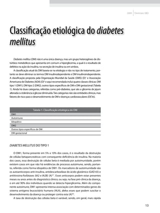 2009   Diretrizes SBD




Classificação etiológica do diabetes
mellitus
    Diabetes mellitus (DM) não é uma única doença, mas um grupo heterogêneo de dis-
túrbios metabólicos que apresenta em comum a hiperglicemia, a qual é o resultado de
defeitos na ação da insulina, na secreção de insulina ou em ambos.
    A classificação atual do DM baseia-se na etiologia e não no tipo de tratamento, por-
tanto se deve eliminar os termos DM insulinodependente e DM insulinoindependente.
A classificação proposta pela Organização Mundial da Saúde (OMS) (D)1 e Associação
Americana de Diabetes (ADA) (D)2 e aqui recomendada inclui quatro classes clínicas: DM
tipo 1 (DM1), DM tipo 2 (DM2), outros tipos específicos de DM e DM gestacional (Tabela
1). Ainda há duas categorias, referidas como pré-diabetes, que são a glicemia de jejum
alterada e a tolerância à glicose diminuída. Tais categorias não são entidades clínicas, mas
fatores de risco para o desenvolvimento de DM e doenças cardiovasculares (DCVs).



                       Tabela 1. Classificação etiológica do DM
 DM1
 Autoimune
 Idiopático
 DM2
 Outros tipos específicos de DM
 DM gestacional




Diabetes mellitus do tipo 1

    O DM1, forma presente em 5% a 10% dos casos, é o resultado da destruição
de células betapancreáticas com consequente deficiência de insulina. Na maioria
dos casos, essa destruição de células beta é mediada por autoimunidade, porém
existem casos em que não há evidências de processo autoimune, sendo, portan-
to, referida como forma idiopática de DM1. Os marcadores de autoimunidade são
os autoanticorpos anti-insulina, antidescarboxilase do ácido glutâmico (GAD 65) e
antitirosina-fosfatases (IA2 e IA2B) (A)3-7. Esses anticorpos podem estar presentes
meses ou anos antes do diagnóstico clínico, ou seja, na fase pré-clínica da doença,
e em até 90% dos indivíduos quando se detecta hiperglicemia. Além do compo-
nente autoimune, DM1 apresenta intensa associação com determinados genes do
sistema antígeno leucocitário humano (HLA), alelos esses que podem suscitar o
desenvolvimento da doença ou proteger contra esta (A)8,9.
    A taxa de destruição das células beta é variável, sendo, em geral, mais rápida

                                                                                                                13
 