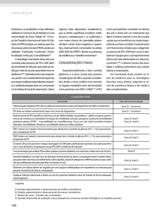 Diretrizes SBD 2009




de lesões e, na atualidade, a mais utilizada e      regimes estão disponíveis, ressaltando-se            como principal fator envolvido nas úlceras
validada em serviços de pé diabético é a da         que as lesões superficiais envolvem estafi-          dos pés e ainda sem um tratamento que
Universidade do Texas (Tabela 3)57. O Gru-          lococos e estreptococos e as profundas e             altere a história natural, é uma das compli-
po de Trabalho Internacional sobre Pé Dia-          com maior chance de ostemielite podem                cações que se beneficiam de modo impac-
bético (GTIPD) propôs um sistema para fins          também conter Gram-negativos e anaeró-               tante de um bom controle. O rastreamento
de pesquisa denominado PEDIS, ainda não             bios, extensamente comentados na versão              com ferramentas simples para o diagnósti-
validado: P-perfusão; E-extensão; D-pro-            2003-2007 do GTIPD1. Atente-se à presença            co precoce de PD e DAP, bem como a ativi-
fundidade; I-infecção; S-sensibilidade)58.          de estafilococos meticilina-resistentes61.           dade em equipe para o acompanhamento
    A abordagem das lesões ativas deve ser                                                               clínico, tem sido referendado em vários do-
norteada pela presença de PD e DAP, além            Considerações finais                                 cumentos1,64,65 e deveria constar das estra-
da severidade da infecção, que pode ser ob-                                                              tégias e políticas preventivas para reduzir
tida por meio de escores para determinar os             Inquestionavelmente, o bom controle              úlceras e amputações.
desfechos59,60. Debridamentos são imperati-         glicêmico é a arma crucial para prevenir                  Em Conclusões finais contém os ní-
vos, porém com cautela diante de isquemia,          complicações do DM e, quando se estabe-              veis de evidência para as abordagens
que requer avaliação especializada, enquan-         lece desde o início, confere uma memória             descritas nessa diretriz, segundo os ní-
to a antibioticoterapia deve ser consonante         ou legado metabólico bem demonstrado                 veis de assistência básica e de média e
à microbiota do local de tratamento1. Vários        entre pacientes com DM1 e DM261-63. A PD,            alta complexidades.

                                                                 Conclusões finais
                                                  Conclusão                                                           Grau de recomendação
 Polineuropatia diabética (PD): deve-se efetuar rastreamento à época do diagnóstico de DM2 e anualmente                 Grau D – Consenso
 PD: deve-se realizar rastreamento após cinco anos do diagnóstico                                                       Grau D – Consenso
 Rastreamento de PD: identificar sintomas e sinais (deformidades neuropáticas – dedos em garra, proemi-
 nência de metatarsos, calosidades, limitação da mobilidade articular; pesquisar a perda de sensibilidade                  Grau A, nível 1
 protetora plantar (PSPP) – insensibilidade ao monofilamento 10 g e um dos testes sensitivo-motores                        Grau D, nível 4
 alterados (sensibilidade vibratória, sensibilidade dolorosa, reflexo aquileu)
 DM1: devem ser tratados intensivamente para atingir bom controle da glicose (A1C < 7 %), para preven-
                                                                                                                           Grau A, nível 1
 ção e progressão da PD
 DM2: devem ser tratados intensivamente para atingir bom controle da glicose (A1C < 7 %), para prevenção e
                                                                                                                           Grau B, nível 2
 progressão da PD
 O exame clínico dos pés deve integrar abordagem de DM pelos profissionais e gestores de saúde para dimi-
                                                                                                                           Grau D, nível 4
 nuir o risco de lesões e amputações nos pé (PD, DAP e evidência de infecção)
 A recomendação para realizar ITB envolve qualquer paciente diabético com sintomas e idade acima de 50 anos                   Nível B

 Pacientes diabéticos com alto risco de ulceração (história prévia de úlcera e amputação) devem receber educa-
 ção (para evitar traumas), aconselhamento sobre calçados, cessão de tabagismo e referência precoce para cuida-            Grau B, nível 2
 dos por profissionais treinados para lidar com lesões em pés

 Pacientes com úlceras devem ser seguidos por uma equipe multidisciplinar com experiência no manuseio para
                                                                                                                           Grau C, nível 3
 prevenir recorrência de úlceras e amputações
 Qualquer infecção relacionada a lesões em pés de pacientes diabéticos deve ser tratada de forma adequada-
                                                                                                                           Grau D, nível 4
 mente agressiva

    Legenda

    A. Estudos experimentais e observacionais de melhor consistência.
    B. Estudos experimentais e observacionais de menor consistência.
    C. Relatos de casos – Estudos não controlados.
    D. Opinião desprovida de avaliação crítica, baseada em consenso, estudos fisiológicos ou modelos animais.


140
 