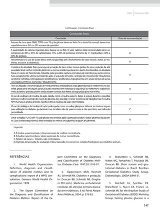 2009   Diretrizes SBD




                                                             Continuação - Conclusões finais

                                                                 Conclusões finais
                                                  Conclusão                                                         Grau de recomendação
 fatores de risco para DMG, TOTG com 75 g de glicose deve ser feito. Se o teste for normal, deverá ser
 repetido entre a 24a e a 28a semana de gravidez.
A quantidade de calorias ingeridas deve basear-se no IMC. O valor calórico total recomendado deve ser
composto de 40% a 45% de carboidratos, 15% a 20% de proteínas (mínimo de 1,1 mg/kg/dia) e 30% a                               B
40% de gordura.
 Recomenda-se o uso de ácido fólico antes da gravidez até o fechamento do tubo neural a todas as mu-
 lheres, inclusive às diabéticas.                                                                                            A

 A prática de atividade física promoverá sensação de bem-estar, menos ganho de peso, redução da adi-
 posidade fetal, melhor controle glicêmico e menos problemas durante o parto. Contraindica-se atividade
 física em casos de hipertensão induzida pela gravidez, ruptura prematura de membranas, parto prema-
 turo, sangramento uterino persistente após o segundo trimestre, restrição de crescimento intrauterino,                       A
 síndrome nefrótica, retinopatia pré-proliferativa e proliferativa, hipoglicemia sem sinais clínicos de aviso,
 neuropatia periférica avançada e disautonomia.
 Tem-se utilizado a recomendação de medicamentos antidiabéticos orais glibenclamida e metformina no dia-
 betes gestacional em alguns países. Estudos recentes têm mostrado a segurança da metformina e glibencla-                     B
 mida durante a gravidez, porém ainda existem dúvidas dos efeitos a longo prazo para mãe e filho.
 O uso de análogos de insulina de ação rápida, como a insulina aspart e lispro, é seguro durante a gravidez,
 promove melhor controle dos níveis de glicemia pós-prandial e menor ocorrência de hipoglicemia. A insulina                   A
 NPH humana é ainda a primeira escolha entre as insulinas de ação intermediária.
 O uso de análogos de insulina de ação prolongada como a insulina glargina e detemir se mostrou seguro
 para utilização no diabetes gestacional, mas os relatos são de poucos casos e não permitem sua indicação                     C
 generalizada

 Deve-se realizar TOTG com 75 g de glicose seis semanas após o parto para avaliar o status glicêmico da pacien-
 te. Caso o teste esteja normal, deve-se realizar ao menos uma glicemia de jejum anualmente.                                  B


   Legenda

   A. Estudos experimentais e observacionais de melhor consistência.
   B. Estudos experimentais e observacionais de menor consistência.
   C. Relatos de casos – Estudos não controlados.
   D. Opinião desprovida de avaliação crítica, baseada em consenso, estudos fisiológicos ou modelos animais.




Referências                                         pert Committee on the Diagnosis                          4.	 Branchtein L, Schmidt MI,
                                                    and Classification of Diabetes Melli-                Matos MC, Yamashita T, Pousada JM,
   1.	 World Health Organization.                   tus. Diabetes Care. 1997;20:1183-97.                 Duncan BB. Short stature and ges-
Definition, diagnosis and classifi-                                                                      tational diabetes in Brazil. Brazilian
cation of diabetes mellitus and its                     3.	 Oppermann MLR, Reichelt                      Gestational Diabetes Study Group.
complications: report of a WHO con-                 AJ, Schmidt MI. Diabetes e gestação.                 Diabetologia. 2000;43:848-51.
sultation. Geneva: World Health Or-                 In: Duncan BB, Schmidt MI, Giuglia-
ganization, 1999.                                   ni ERJ (eds.). Medicina ambulatorial:                   5.	 Reichelt AJ, Spichler ER,
                                                    condutas de atenção primária basea-                  Branchtein L, Nucci LB, Franco LJ,
   2.	 The Expert Committee on                      das em evidências. 3 ed. Porto Alegre:               Schmidt MI, for the Brazilian Study of
the Diagnosis and Classification of                 Artes Médicas, 2004. p. 376-82.                      Gestational Diabetes (EBDG) Working
Diabetes Mellitus. Report of the Ex-                                                                     Group: fasting plasma glucose is a

                                                                                                                                           147
 
