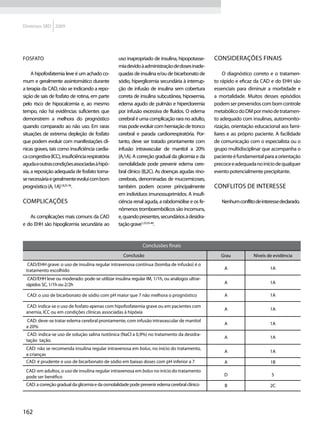 Diretrizes SBD 2009




Fosfato                                           uso inapropriado de insulina, hipopotasse-     Considerações finais
                                                  mia devido à administração de doses inade-
     A hipofosfatemia leve é um achado co-        quadas de insulina e/ou de bicarbonato de           O diagnóstico correto e o tratamen-
mum e geralmente assintomático durante            sódio, hiperglicemia secundária à interrup-    to rápido e eficaz da CAD e do EHH são
a terapia da CAD, não se indicando a repo-        ção de infusão de insulina sem cobertura       essenciais para diminuir a morbidade e
sição de sais de fosfato de rotina, em parte      correta de insulina subcutânea, hipoxemia,     a mortalidade. Muitos desses episódios
pelo risco de hipocalcemia e, ao mesmo            edema agudo de pulmão e hipercloremia          podem ser prevenidos com bom controle
tempo, não há evidências suficientes que          por infusão excessiva de fluidos. O edema      metabólico do DM por meio de tratamen-
demonstrem a melhora do prognóstico               cerebral é uma complicação rara no adulto,     to adequado com insulinas, automonito-
quando comparado ao não uso. Em raras             mas pode evoluir com herniação de tronco       rização, orientação educacional aos fami-
situações de extrema depleção de fosfato          cerebral e parada cardiorrespiratória. Por-    liares e ao próprio paciente. A facilidade
que podem evoluir com manifestações clí-          tanto, deve ser tratado prontamente com        de comunicação com o especialista ou o
nicas graves, tais como insuficiência cardía-     infusão intravascular de manitol a 20%         grupo multidisciplinar que acompanha o
ca congestiva (ICC), insuficiência respiratória   (A,1A). A correção gradual da glicemia e da    paciente é fundamental para a orientação
aguda e outras condições associadas à hipó-       osmolalidade pode prevenir edema cere-         precoce e adequada no início de qualquer
xia, a reposição adequada de fosfato torna-       bral clínico (B,2C). As doenças agudas rino-   evento potencialmente precipitante.
se necessária e geralmente evolui com bom         cerebrais, denominadas de mucormicoses,
prognóstico (A, 1A)1,8,25-36.                     também podem ocorrer principalmente            Conflitos de interesse
                                                  em indivíduos imunossuprimidos. A insufi-
Complicações 	                                    ciência renal aguda, a rabdomiólise e os fe-      Nenhum conflito de interesse declarado.
                                                  nômenos tromboembólicos são incomuns,
   As complicações mais comuns da CAD             e, quando presentes, secundários à desidra-
e do EHH são hipoglicemia secundária ao           tação grave1,23,35-40.


                                                              Conclusões finais
                                                    Conclusão                                       Grau            Níveis de evidência
  CAD/EHH grave: o uso de insulina regular intravenosa contínua (bomba de infusão) é o
 tratamento escolhido                                                                                 A                     1A

  CAD/EHH leve ou moderado: pode-se utilizar insulina regular IM, 1/1h, ou análogos ultrar-
 rápidos SC, 1/1h ou 2/2h                                                                             A                     1A

  CAD: o uso de bicarbonato de sódio com pH maior que 7 não melhora o prognóstico                     A                     1A

 CAD: indica-se o uso de fosfato apenas com hipofosfatemia grave ou em pacientes com
                                                                                                      A                     1A
 anemia, ICC ou em condições clínicas associadas à hipóxia
 CAD: deve-se tratar edema cerebral prontamente, com infusão intravascular de manitol
                                                                                                      A                     1A
 a 20%
  CAD: indica-se uso de solução salina isotônica (NaCl a 0,9%) no tratamento da desidra-
                                                                                                      A                     1A
 tação tação.
 CAD: não se recomenda insulina regular intravenosa em bolus, no início do tratamento,
                                                                                                      A                     1A
 a crianças
 CAD: é prudente o uso de bicarbonato de sódio em baixas doses com pH inferior a 7                    A                     1B
 CAD: em adultos, o uso de insulina regular intravenosa em bolus no início do tratamento
 pode ser benéfico                                                                                   D                      5

 CAD: a correção gradual da glicemia e da osmolalidade pode prevenir edema cerebral clínico           B                     2C




162
 